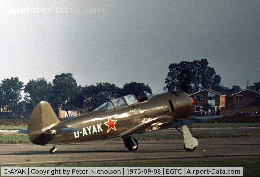 G-AYAK, 1956 Let C-11 (Yak-11) C/N 172701, This Yak-11 took part in the King's Cup Air Race at the 1973 Cranfield Business & Light Aviation Show.