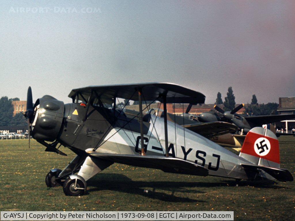 G-AYSJ, 1938 Bucker Bu-133C Jungmeister C/N 38, This Jungmeister 133 was present at the 1973 Cranfield Business & Light Aviation Show.