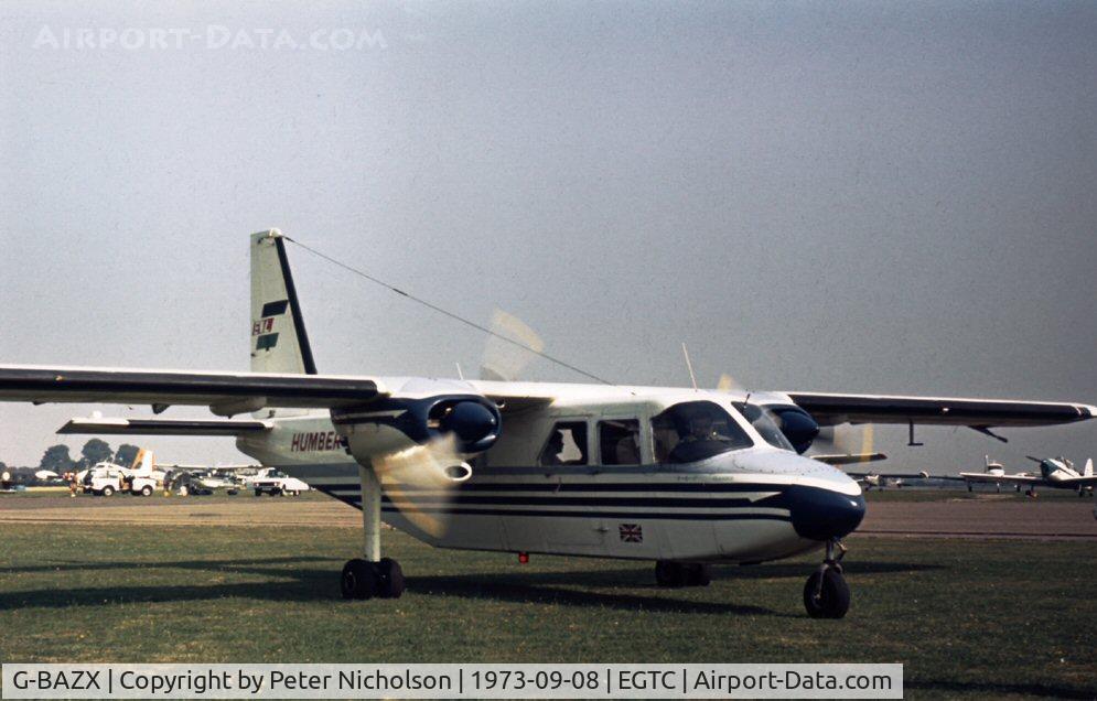 G-BAZX, 1973 Britten-Norman BN-2A-8 Islander C/N 335, This Islander was on display at the 1973 Cranfield Business & Light Aviation Show.