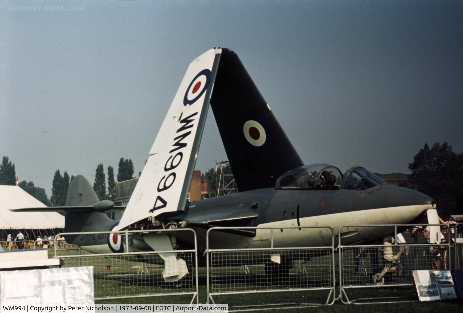 WM994, 1954 Hawker Sea Hawk FB.5 C/N 6032, This Sea Hawk was displayed at the 1973 Cranfield Business & Light Aviation Show.