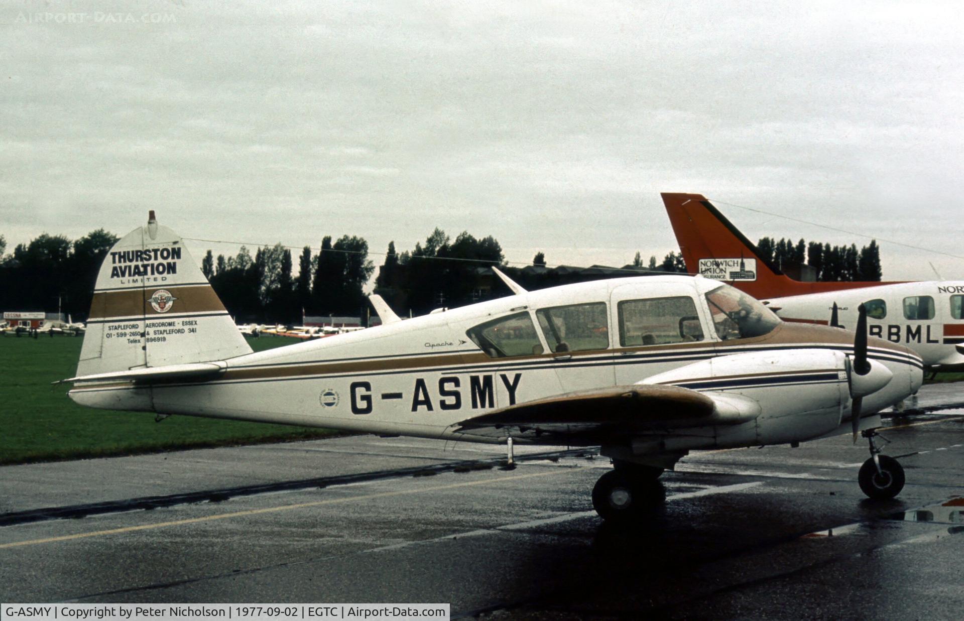 G-ASMY, 1962 Piper PA-23-160 Apache C/N 23-2032, This Apache was present at the 1977 Cranfield Business & Light Aviation Show.