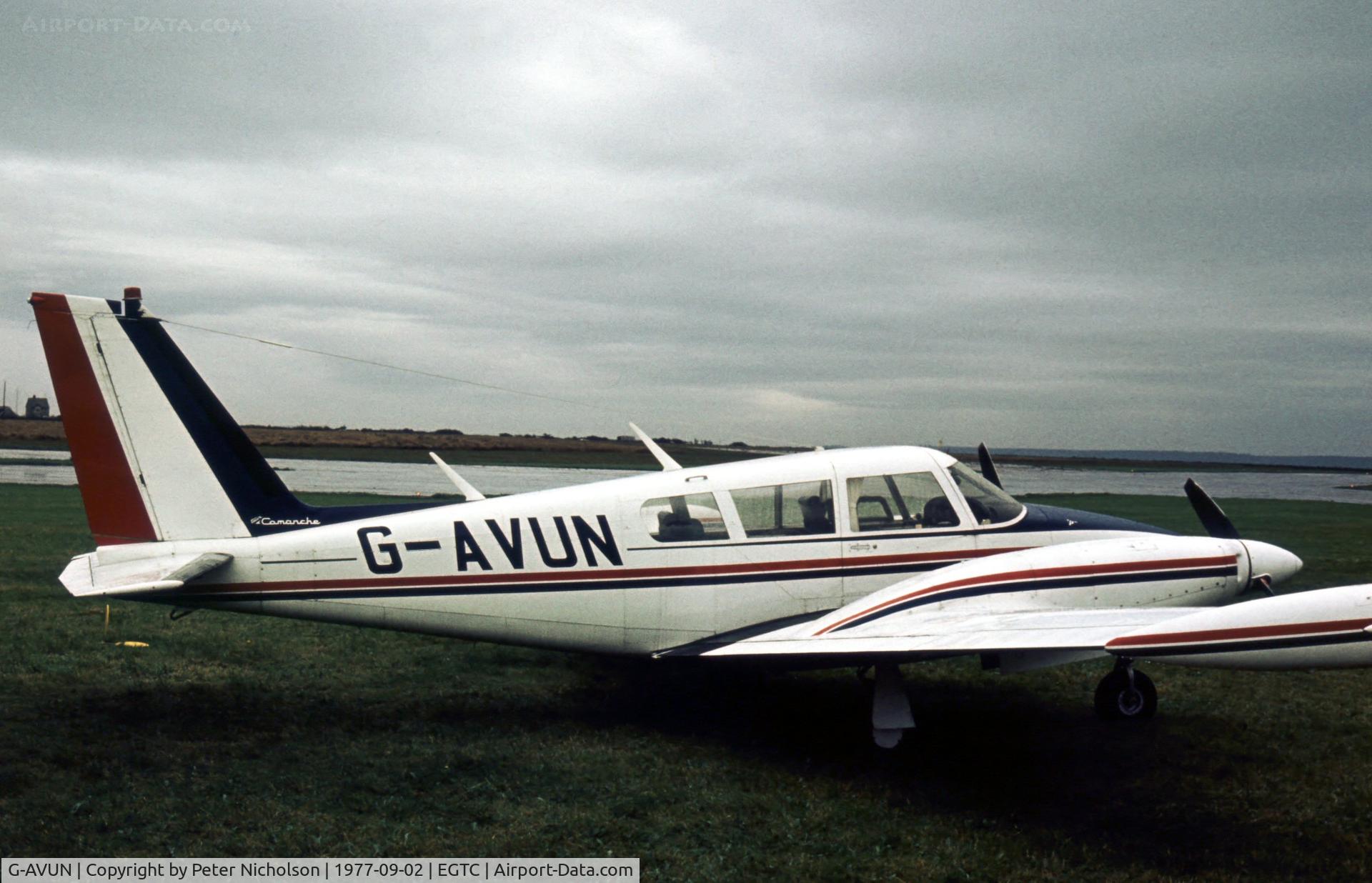 G-AVUN, 1967 Piper PA-30-160 B Twin Comanche C/N 30-1329, This Twin Comanche was present at the 1977 Cranfield Business & Light Aviation Show.