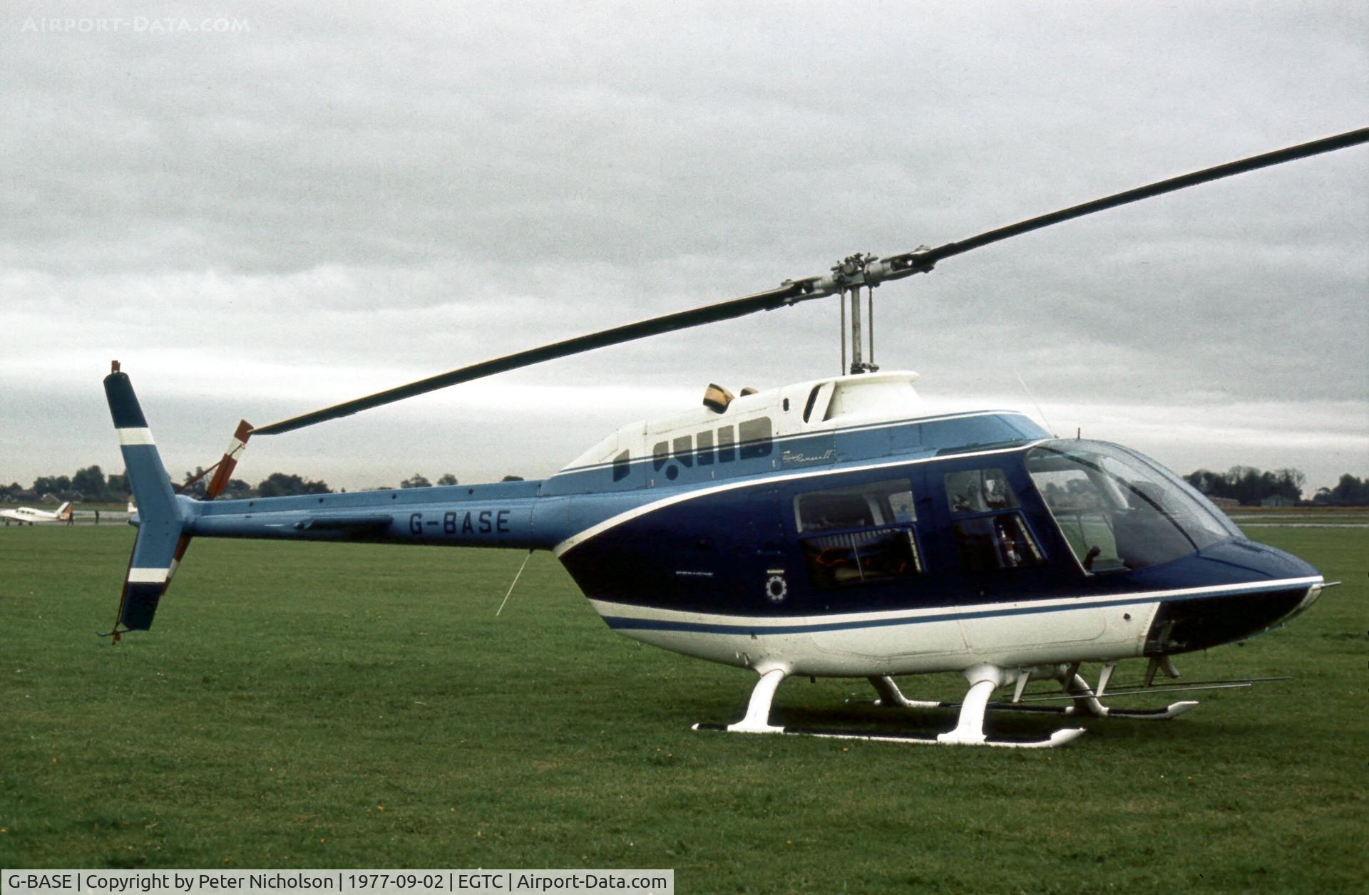 G-BASE, 1973 Bell 206B JetRanger II C/N 969, This JetRanger was at the 1977 Cranfield Business & Light Aviation Show.