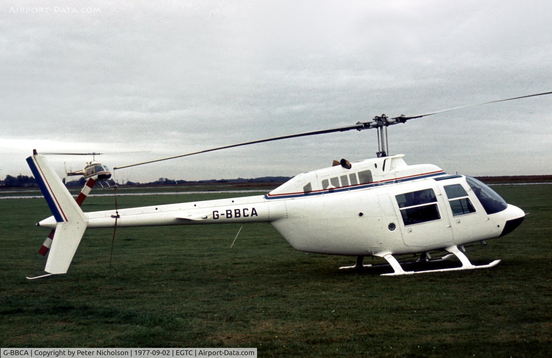 G-BBCA, 1973 Bell 206B JetRanger II C/N 1101, This JetRanger was present at the 1977 Cranfield Business & Light Aviation Show.