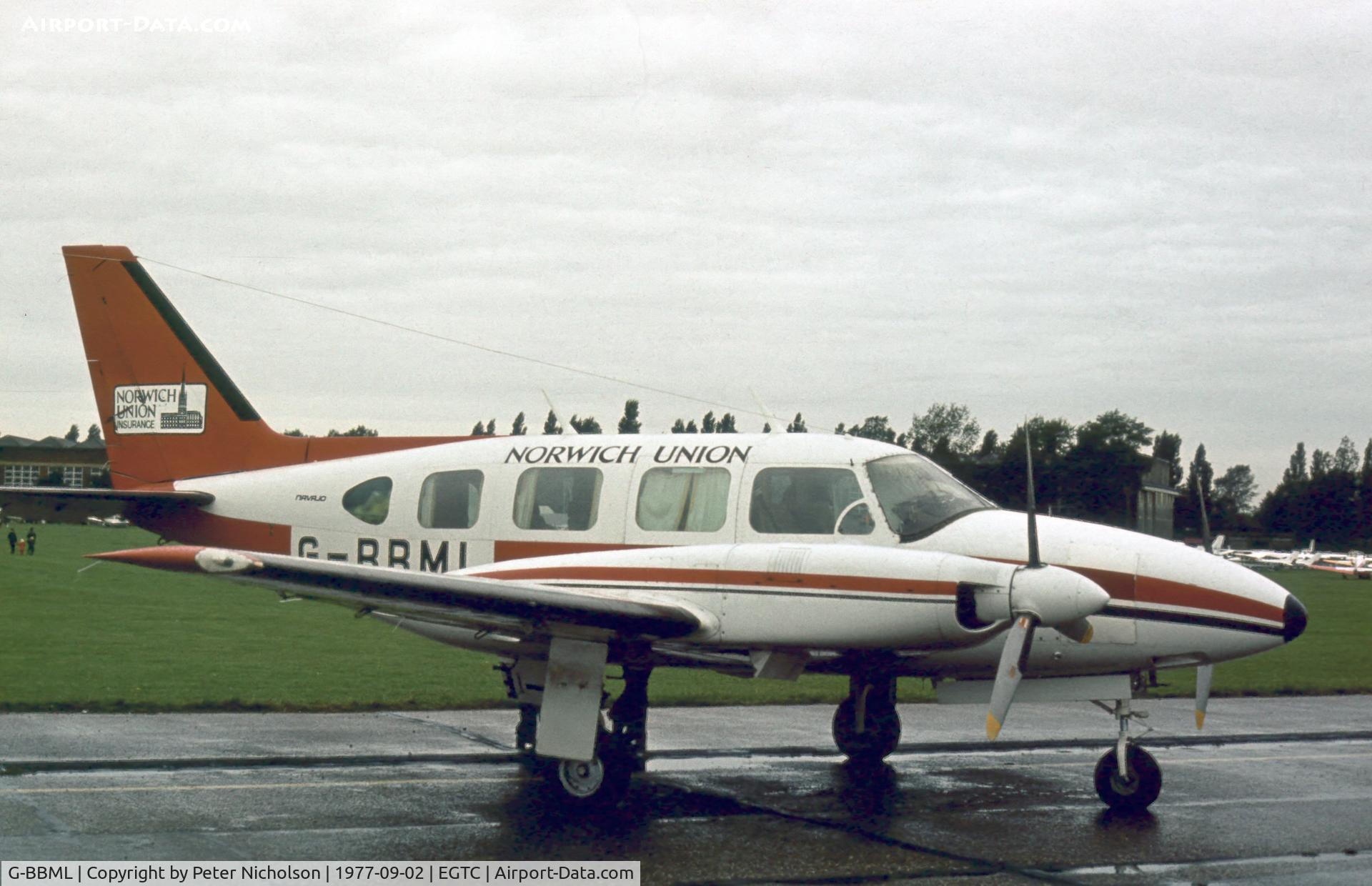 G-BBML, 1974 Piper PA-31 Navajo C/N 31-7401210, PA-31 Navajo of Norwich Union attended the 1977 Cranfield Business & Light Aviation Show.