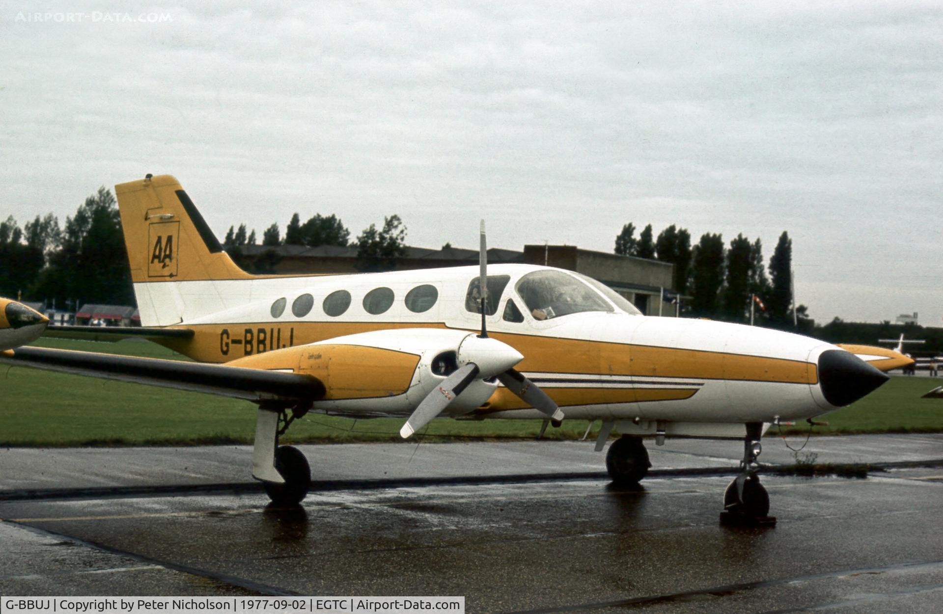 G-BBUJ, 1973 Cessna 421B Golden Eagle C/N 421B-0335, Cessna Golden Eagle of the Automobile Association at the 1977 Cranfield Business & Light Aviation Show.