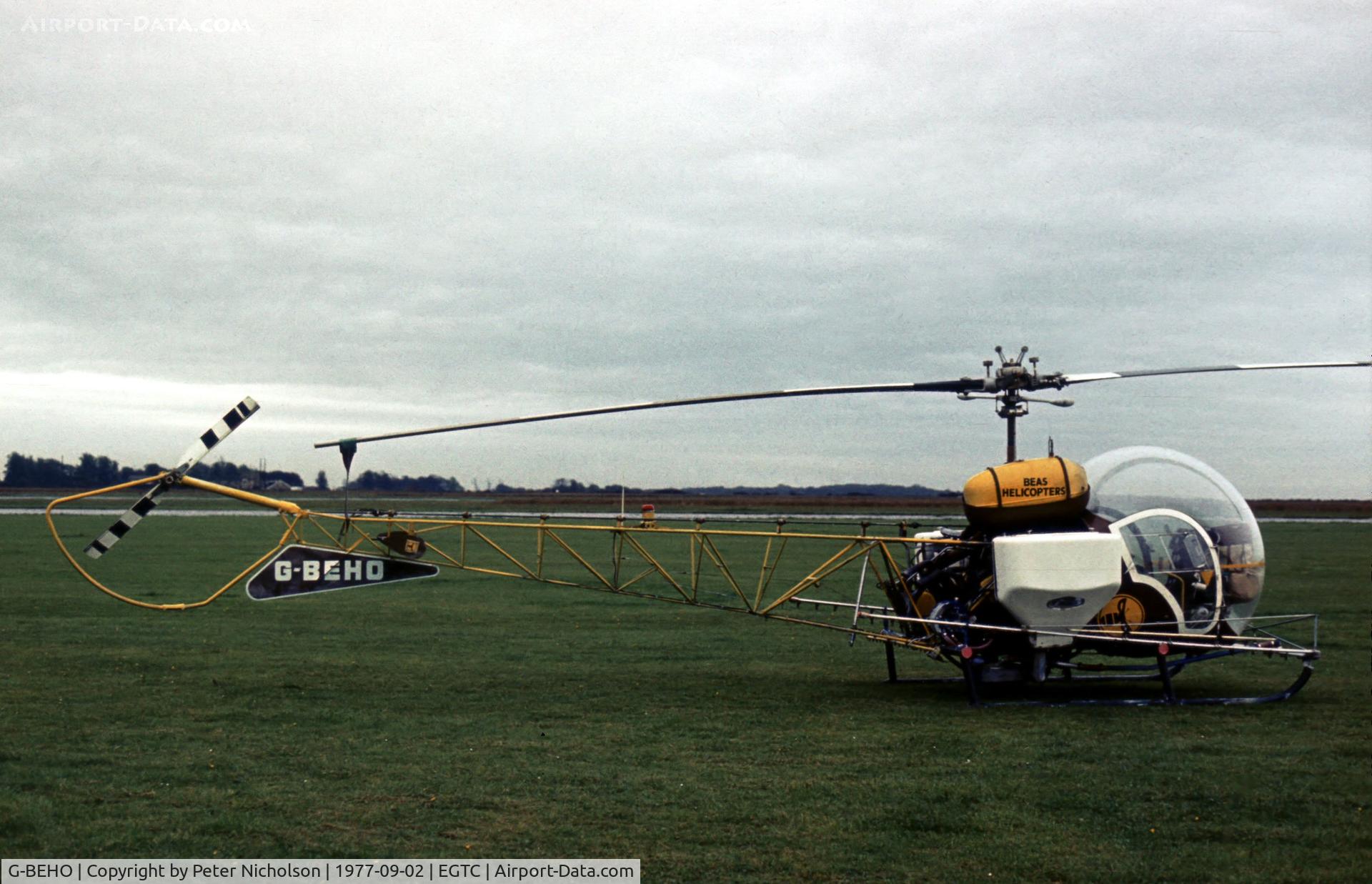 G-BEHO, 1966 Westland Bell 47G-3B-1 C/N 104, This Bell 47G of BEAS Helicopters was present at the 1977 Cranfield Business & Light Aviation Show.