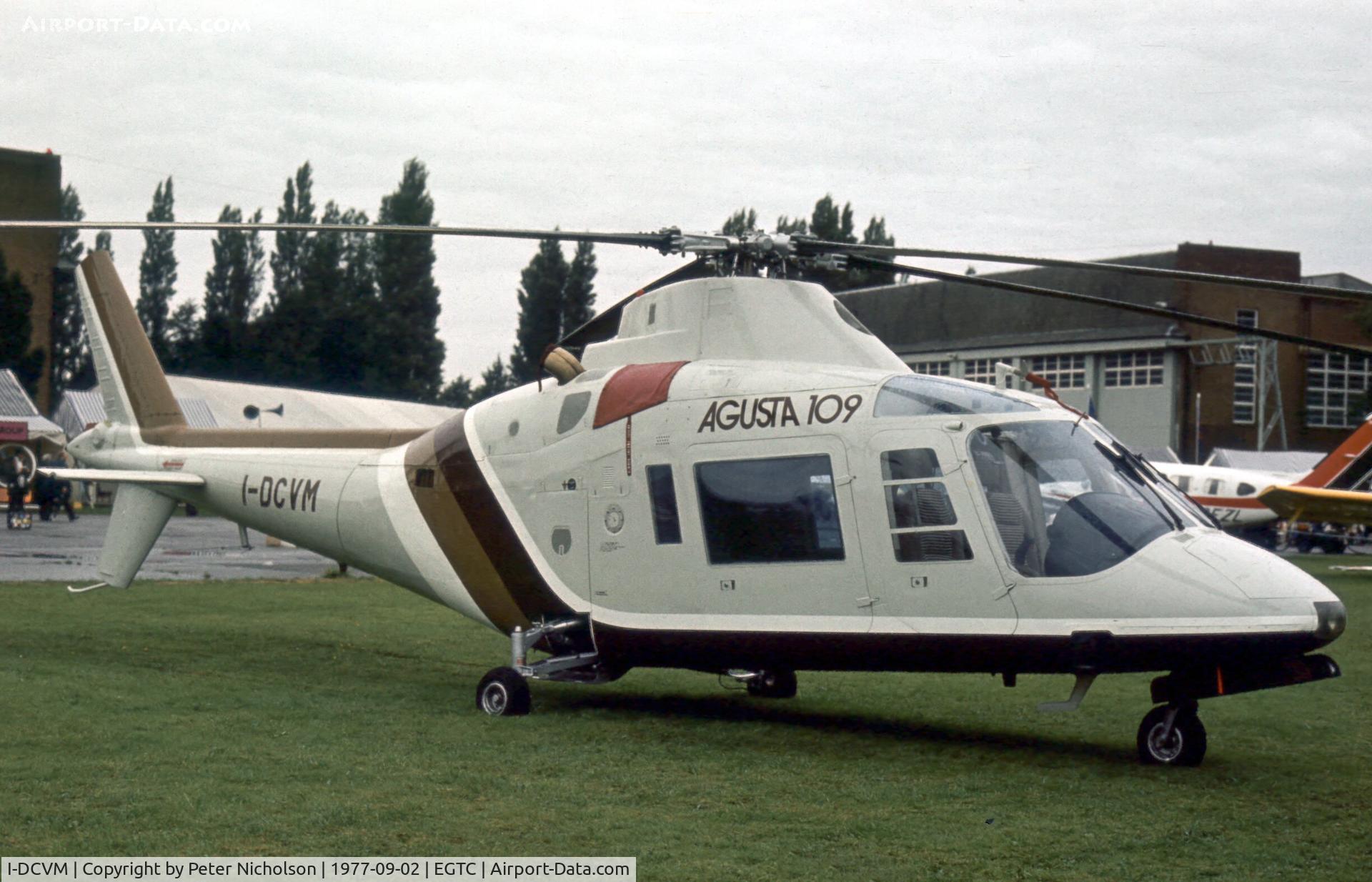 I-DCVM, Agusta A-109A Hirundo C/N 7109, This Hirundo was displayed at the 1977 Cranfield Business & Light Aviation Show.
