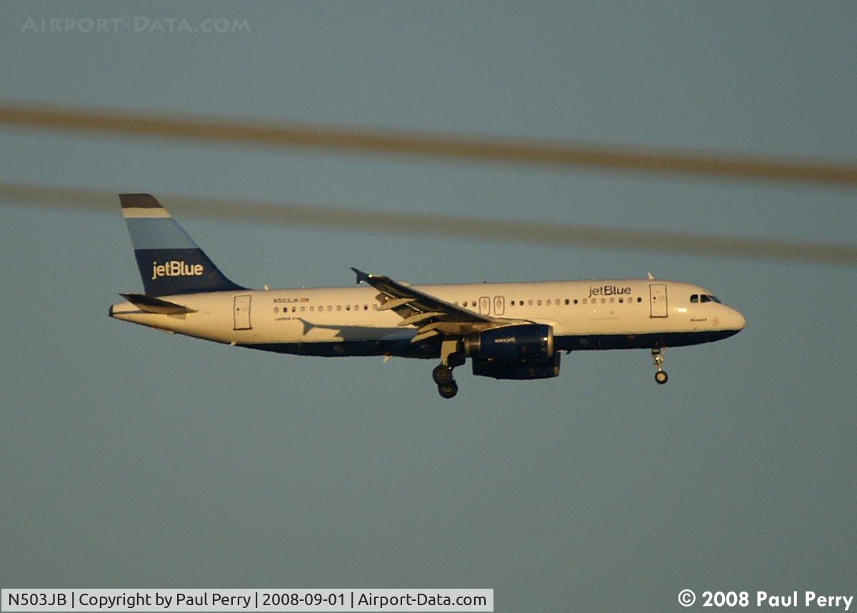 N503JB, 1999 Airbus A320-232 C/N 1123, Just some powerlines in the foreground