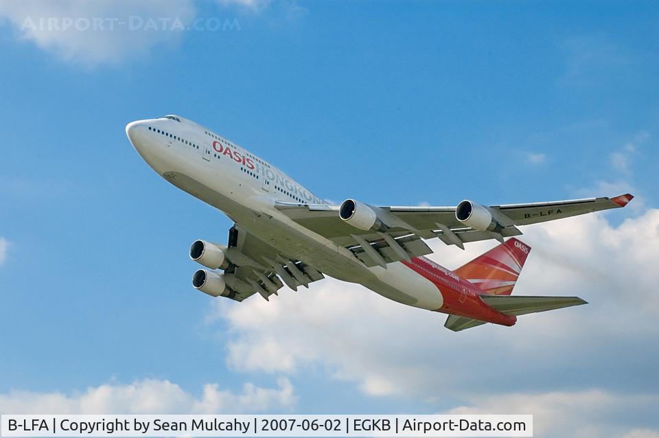 B-LFA, 1989 Boeing 747-412 C/N 24063, B-LFA, a Boeing 747-412 of Oasis Hong Kong Airlines, seen during a slow fly past during the Biggin Hill International Air Fair 2007, Biggin Hill Airport, Kent U.K. 2nd of June 2007.