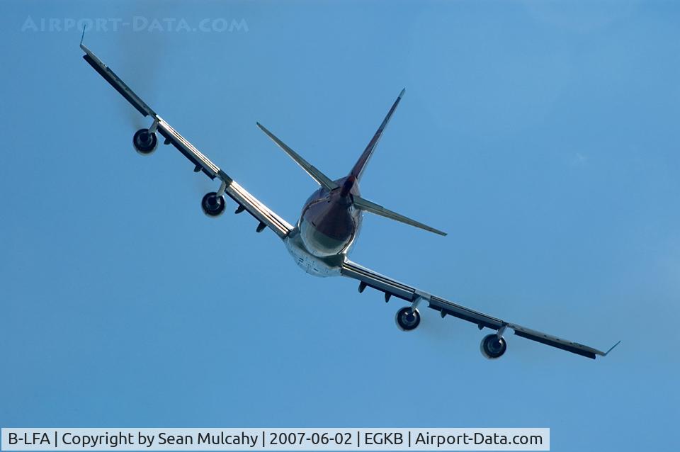 B-LFA, 1989 Boeing 747-412 C/N 24063, B-LFA, a Boeing 747-412 of Oasis Hong Kong Airlines, seen during a slow fly past during the Biggin Hill International Air Fair 2007, Biggin Hill Airport, Kent U.K. 2nd of June 2007.