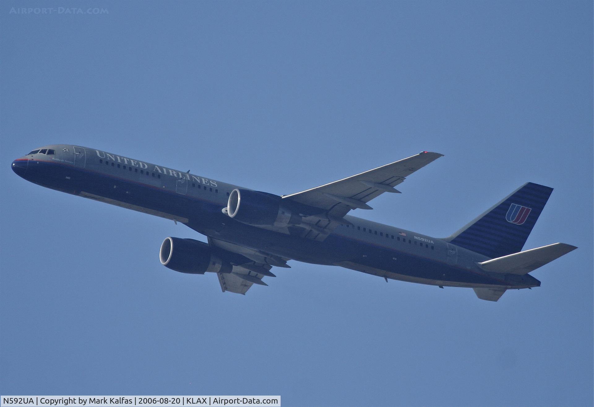 N592UA, 1996 Boeing 757-222F C/N 28143, United Airlines Boeing 757-222, N592UA KLAX 25R departure