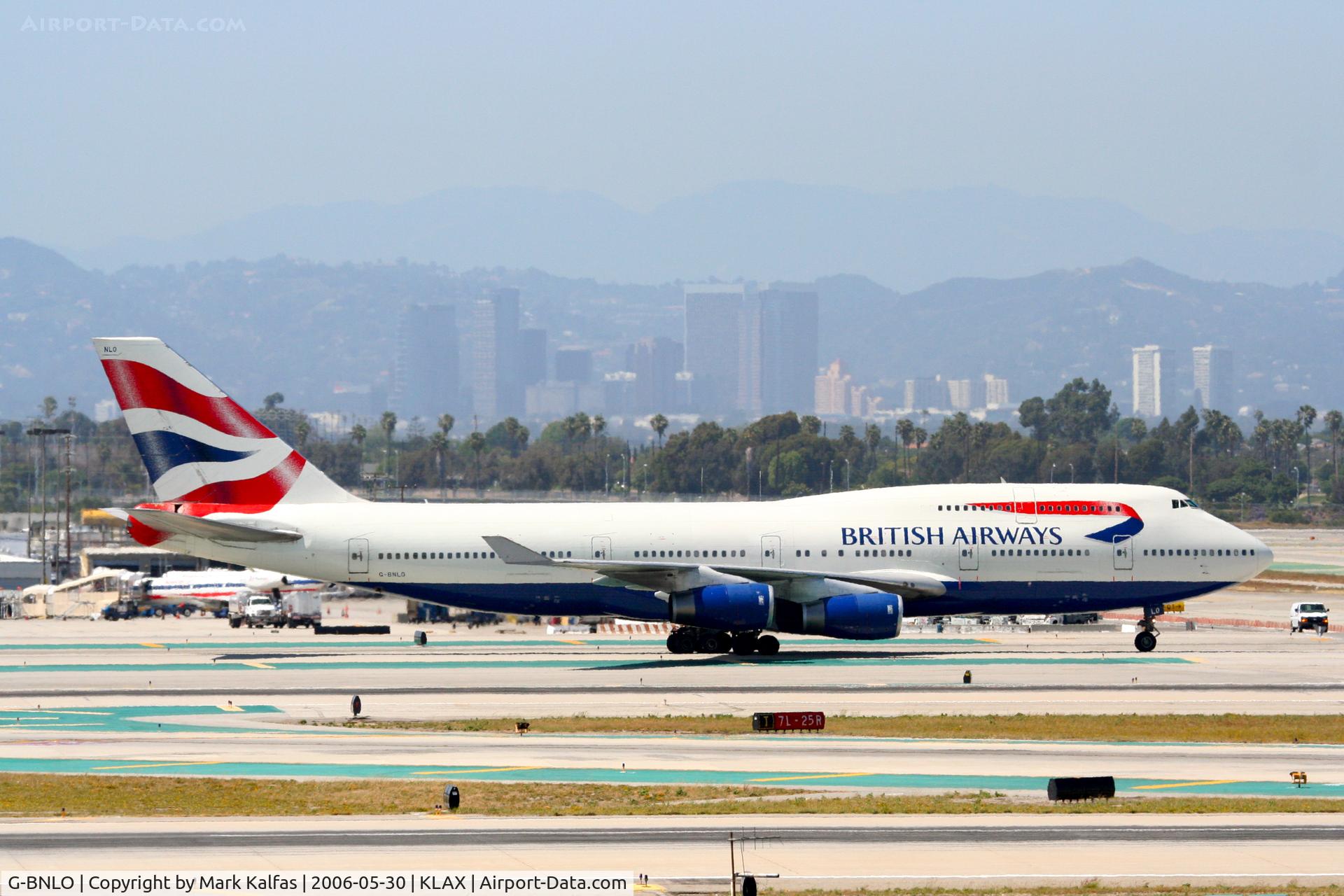 G-BNLO, 1990 Boeing 747-436 C/N 24057, British Airways Boeing 747-436, G-BNLO taxiing to gate via Bravo KLAX