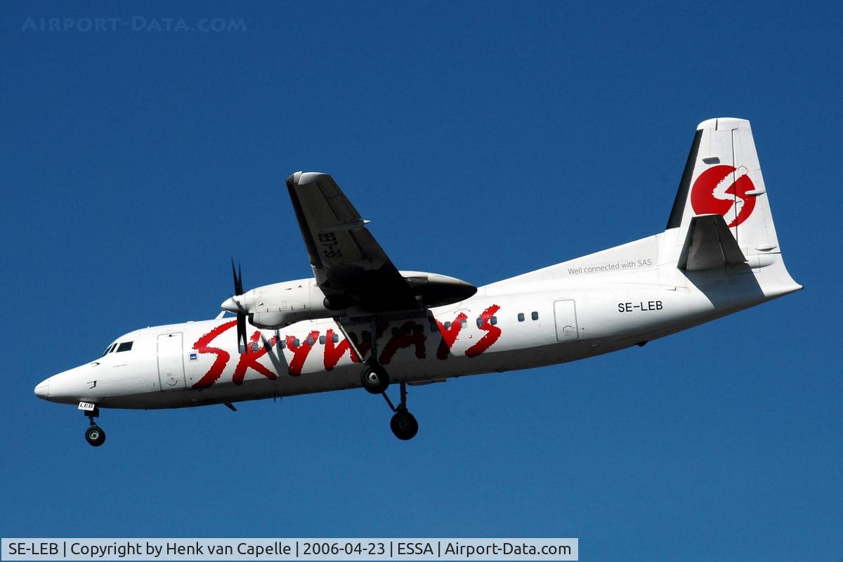 SE-LEB, 1988 Fokker 50 C/N 20120, Skyways Fokker 50 about to land at Stockholm Arlanda. It later became YL-BAA with Air baltic.