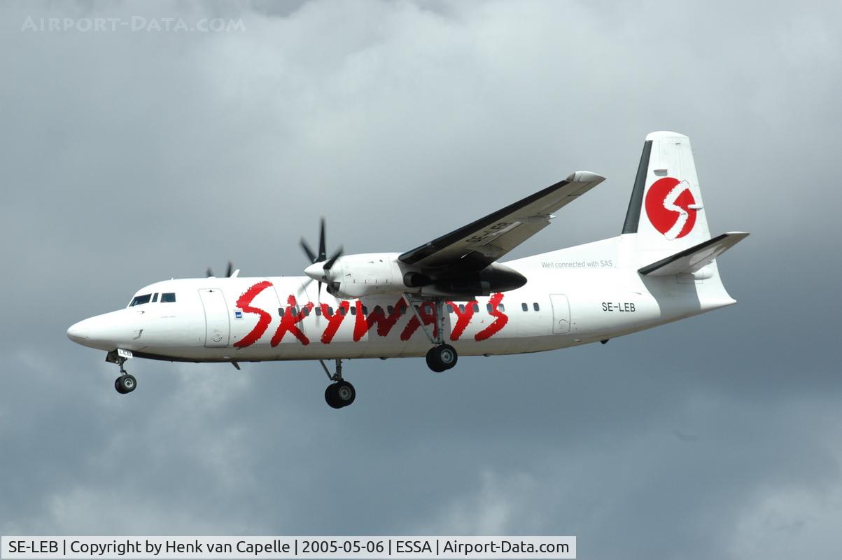 SE-LEB, 1988 Fokker 50 C/N 20120, Skyways Fokker 50 about to land at Stockholm Arlanda. It later became YL-BAA with Air baltic.