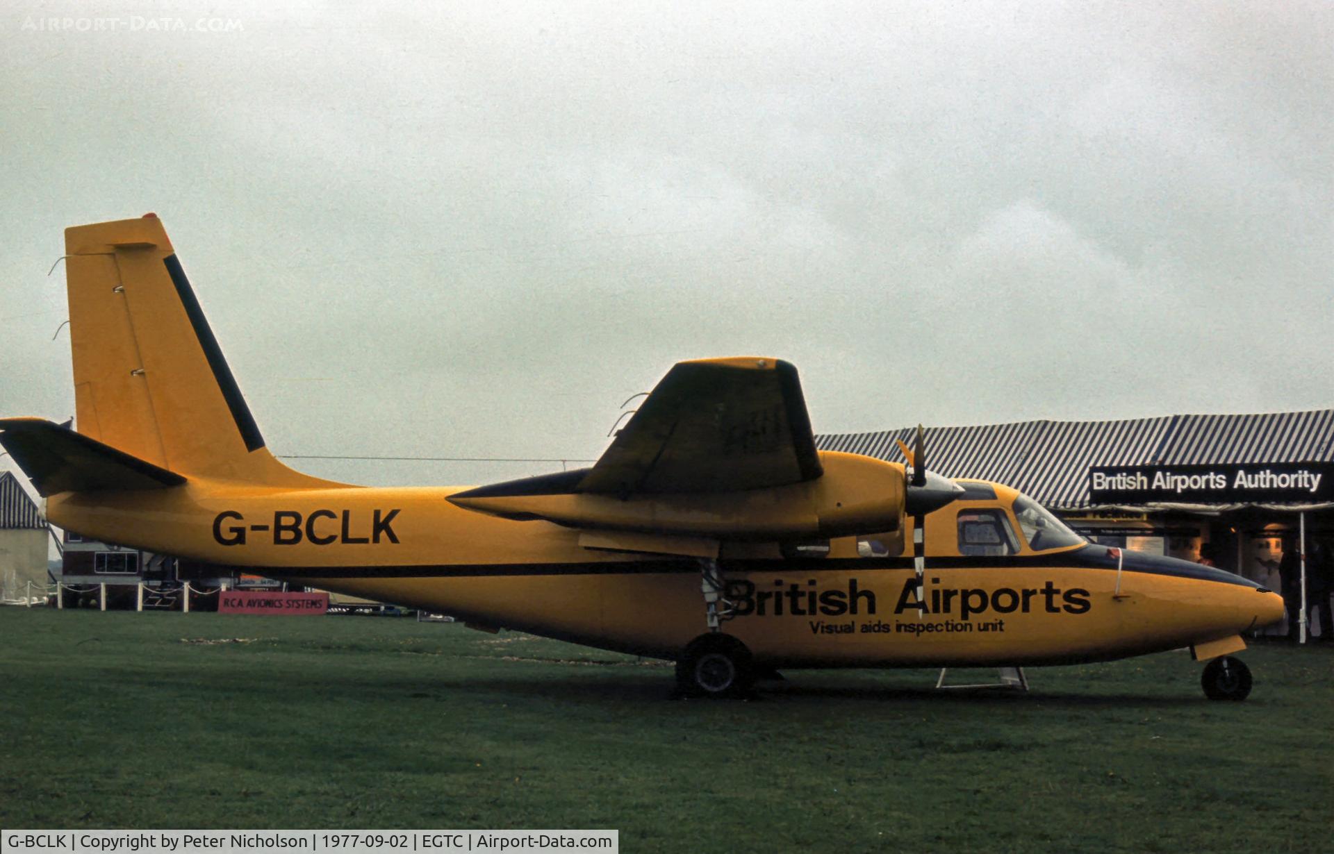 G-BCLK, 1974 Rockwell 500S Shrike Commander C/N 3180, Shrike Commander of the British Airports Authority attended the 1977 Cranfield Business & Light Aviation Show.