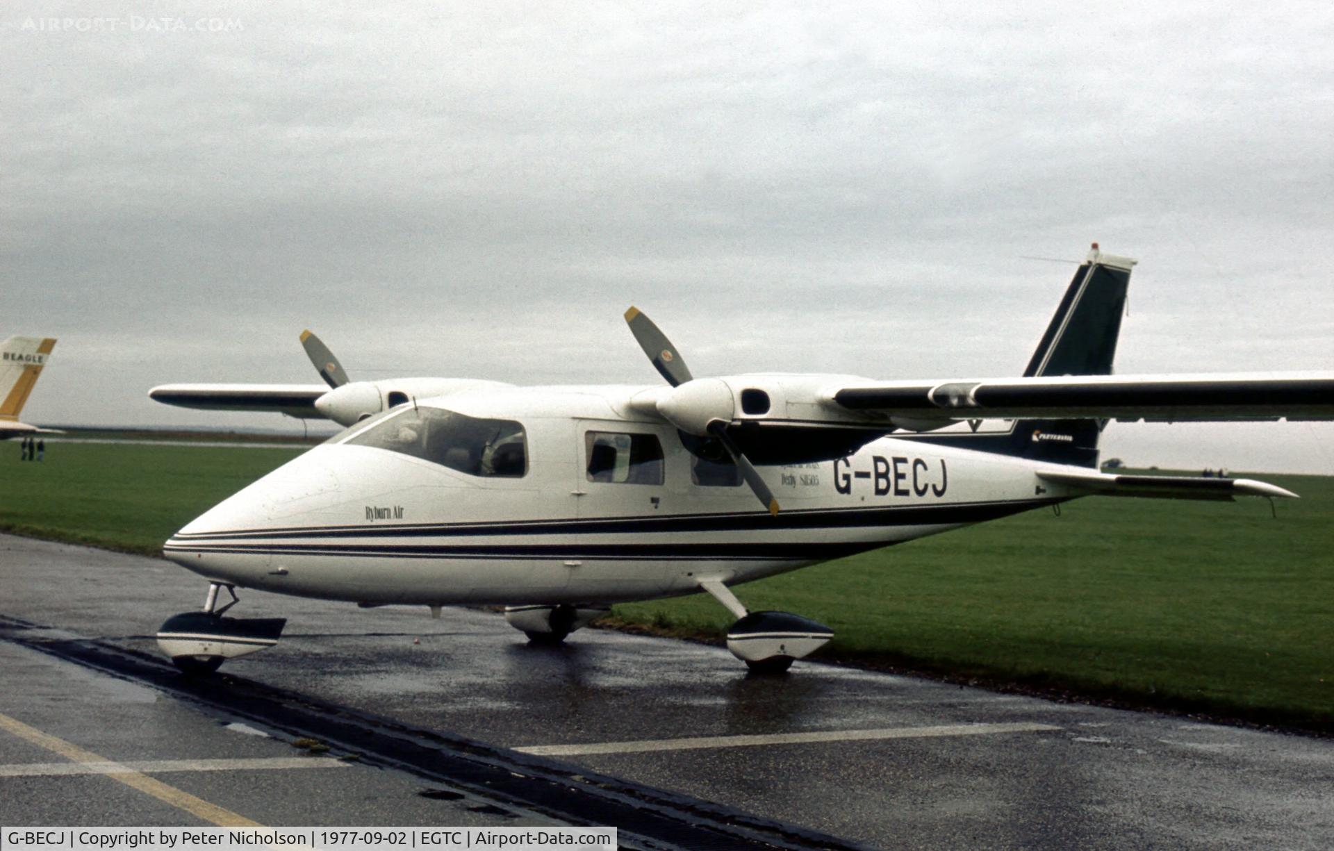 G-BECJ, 1976 Partenavia P-68B C/N 68, Partenavia P.68B Victor on display at the 1977 Cranfield Business & Light Aviation Show.