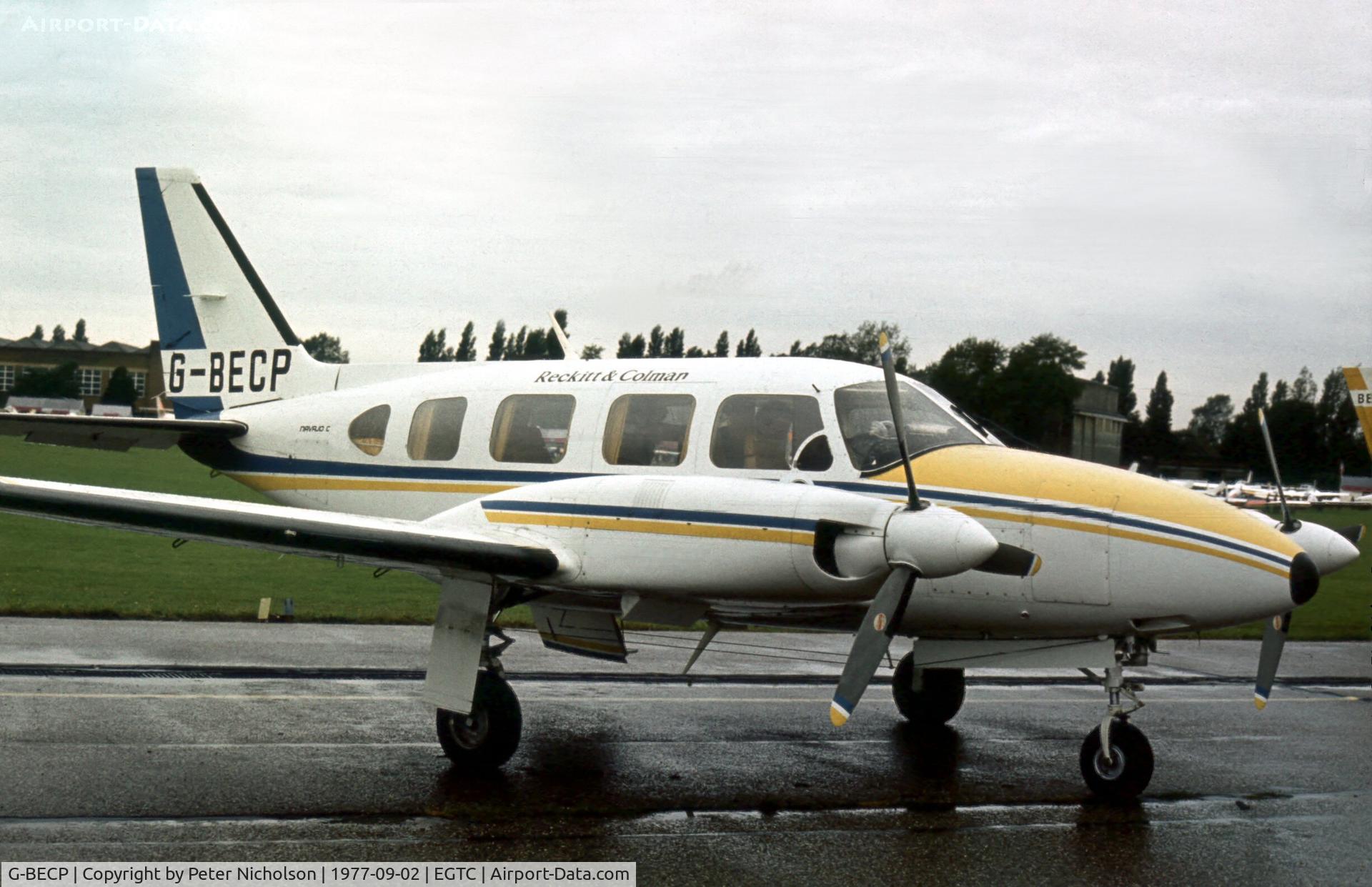 G-BECP, 1976 Piper PA-31-310 Turbo Navajo Navajo C/N 31-7612078, Reckitt & Colman's PA-31 Turbo Navajo 310 at the 1977 Cranfield Business & Light Aviation Show.