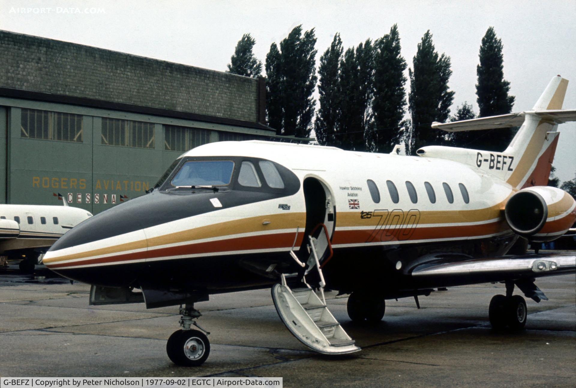 G-BEFZ, 1976 Hawker Siddeley HS.125 Series 700B C/N 257001, Hawker Siddeley's Series 700 HS.125 demonstrator at the 1977 Cranfield Business & Light Aviation Show.
