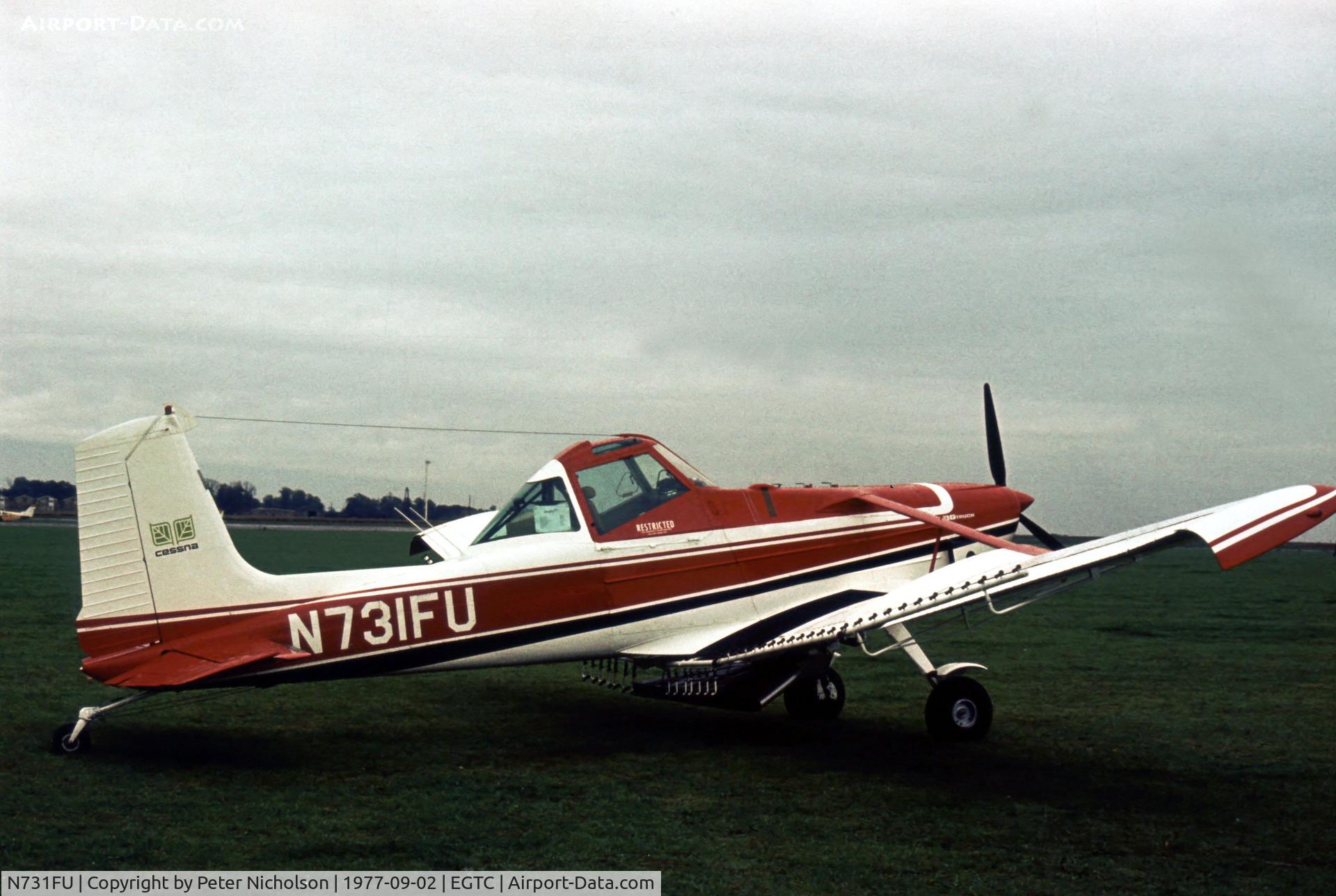N731FU, Cessna A188B C/N 188-02869T, Cessna Agtruck on display at the 1977 Cranfield Business & Light Aircraft Show.