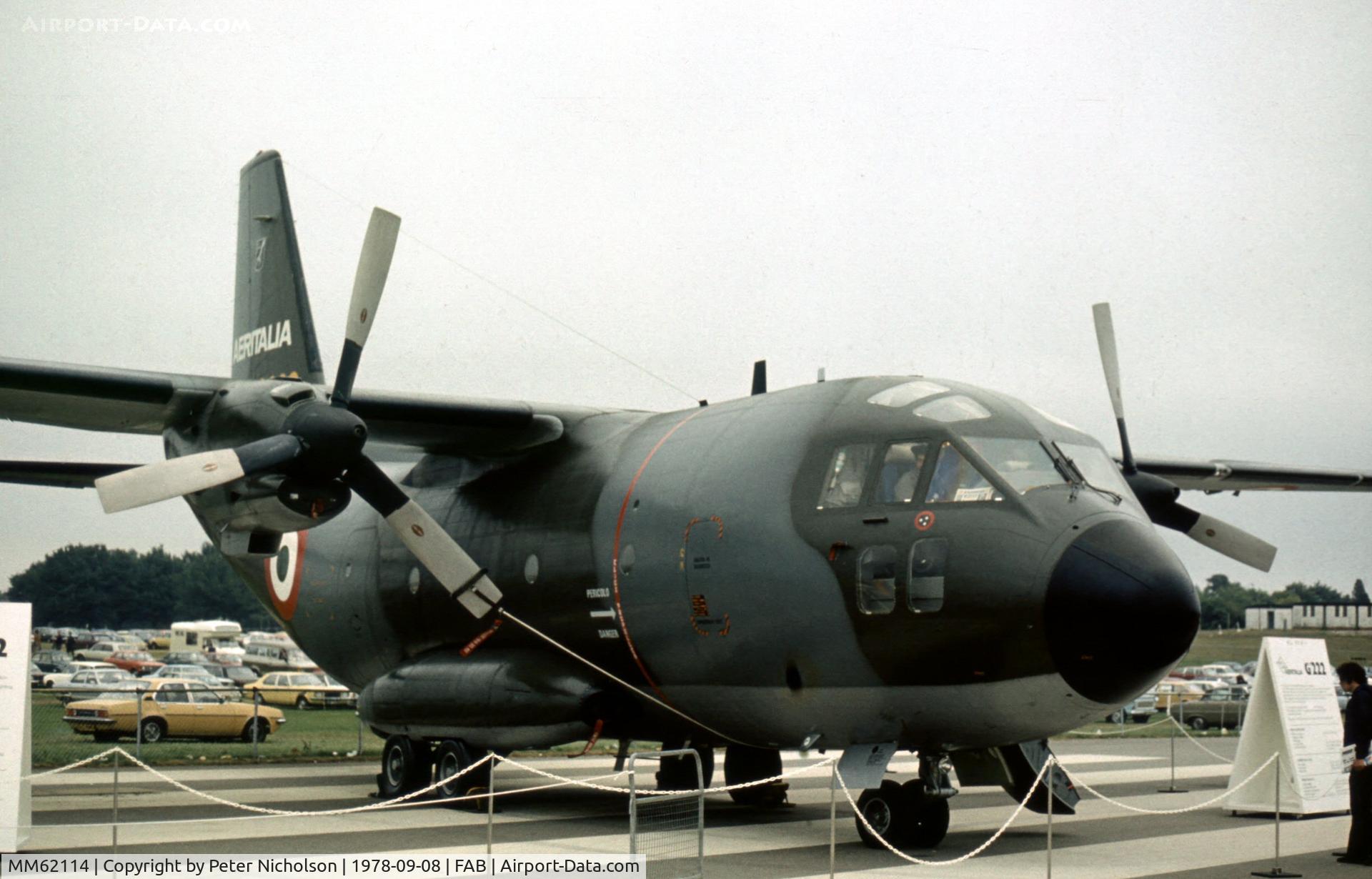 MM62114, Aeritalia G-222TCM C/N 4019, Aeritalia G.222 for the Italian Air Force was demonstrated at the 1978 Farnborough Airshow.