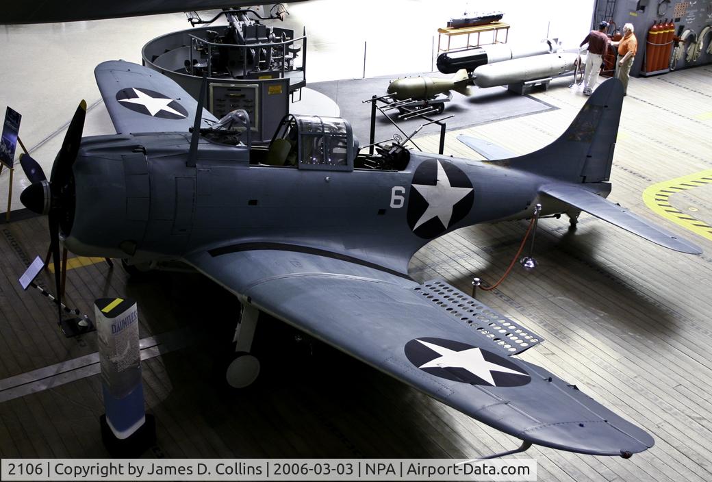 2106, 1940 Douglas SBD-2 Dauntless C/N 632, This SBD-2 Dauntless (Bureau Number 2106) was on Ford Island, Hawaii during the Imperial Japanese Navy's attack on Pearl Harbor.  At the battle of Midway crewed by Marines 1st LT Daniel Iverson, Jr., pilot, and PFC Wallace J. Reid, radioman-gunner, this p