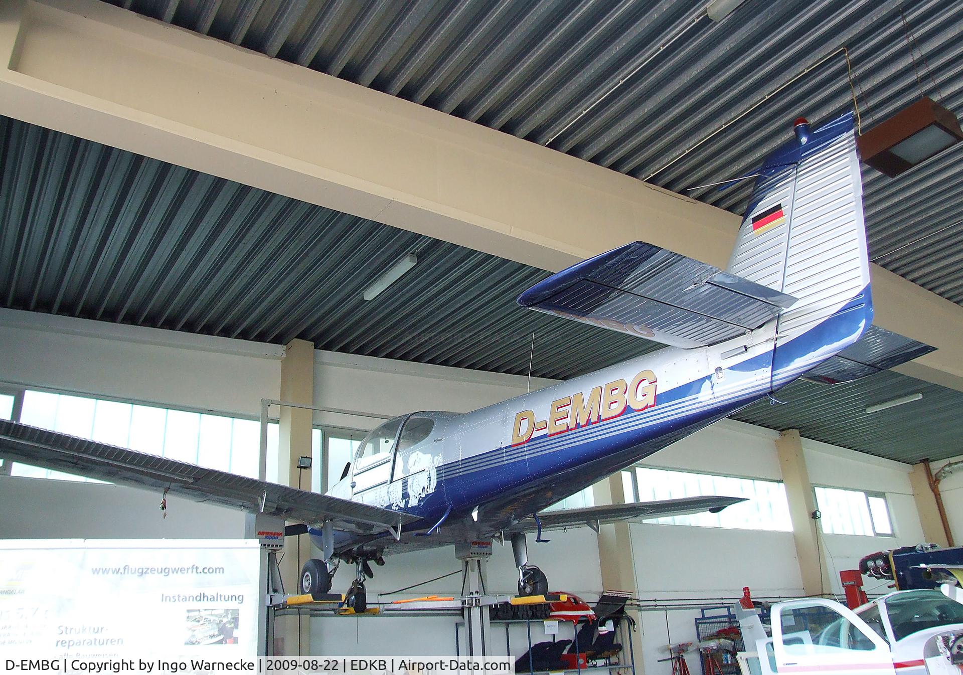 D-EMBG, Fuji FA-200-180 Aero Subaru C/N 157, Fuji FA-200-180 Aero Subaru in a maintenance hangar during the Bonn-Hangelar centennial jubilee airshow