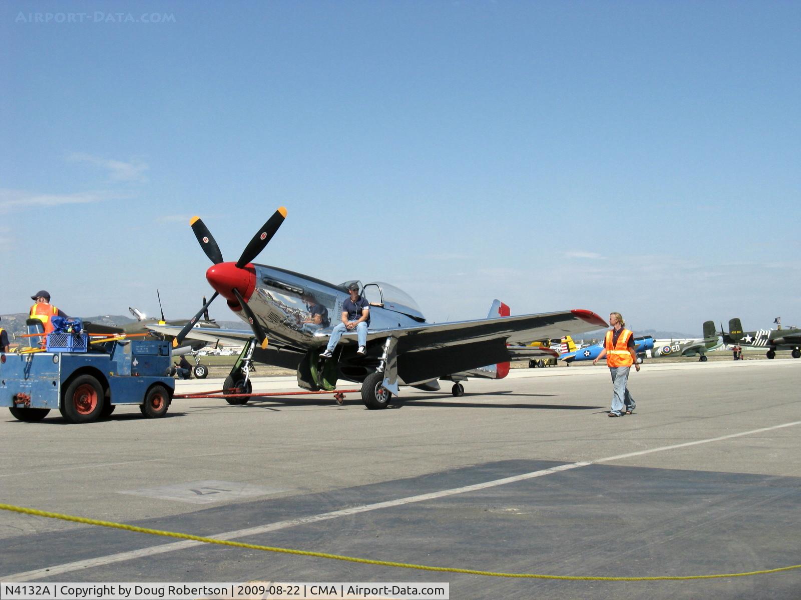 N4132A, 1944 North American P-51D Mustang C/N 122-40985, 1944 North American/Aero Classics P-51D MUSTANG, Rolls Royce V-1650-7 Merlin 1,695 Hp, Limited class, under tow with wing walker