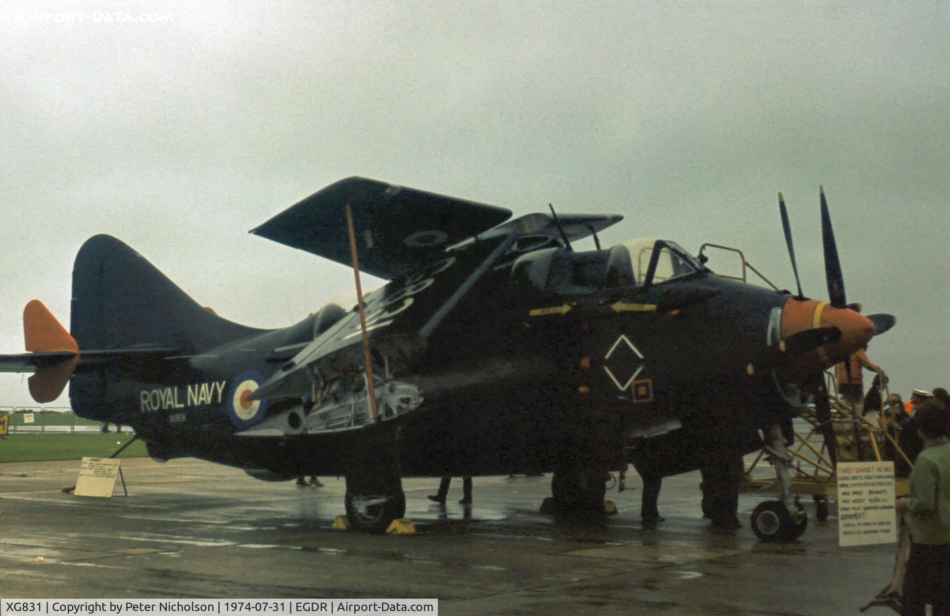 XG831, 1957 Fairey Gannet ECM.6 C/N F9373, Gannet ECM.6 of the School of Aircraft Handling at the 1974 Culdrose Airshow.