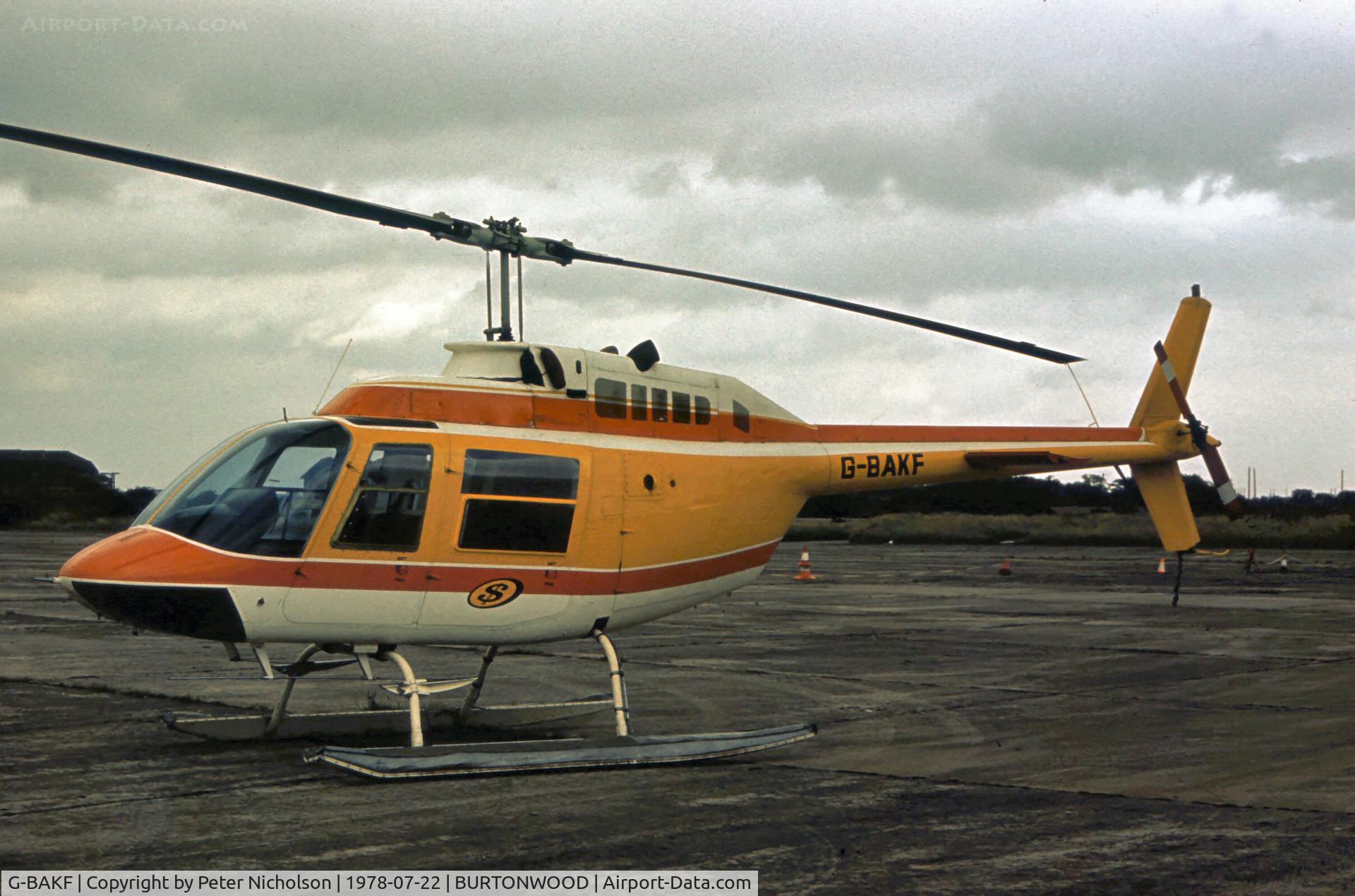 G-BAKF, 1972 Bell 206B JetRanger II C/N 854, Bell 206B JetRanger II at the former US Depot at Burtonwood in the Summer of 1978.