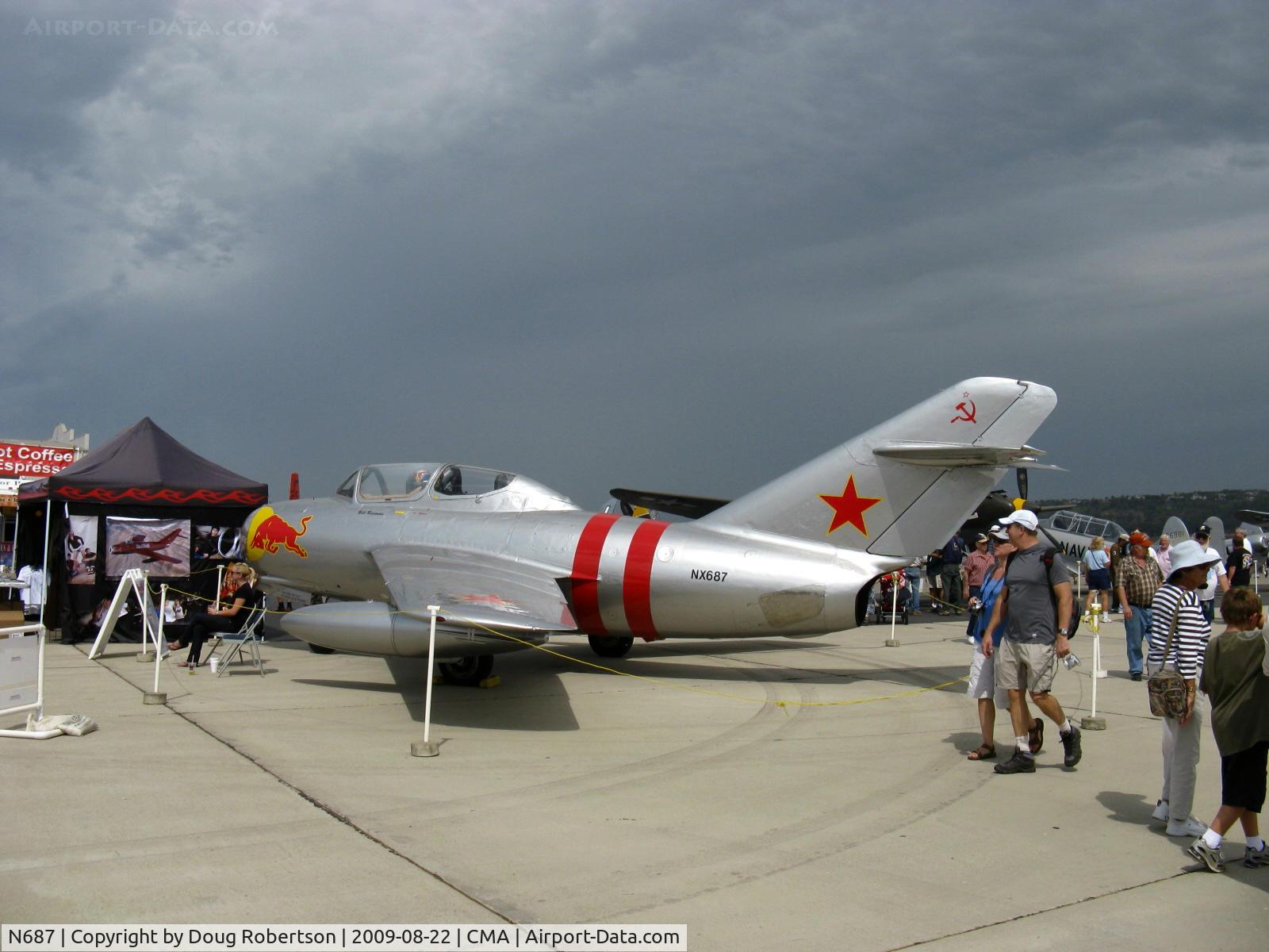 N687, 1953 Mikoyan-Gurevich MiG-15UTI C/N 1A02005, 1953 Mikoyan Gurevich MIG 15UTI tandem trainer 'Red Bull', Klimov VK-1A 5,952 lb st afterburning turbojet. NATO code name Midget. Experimental class