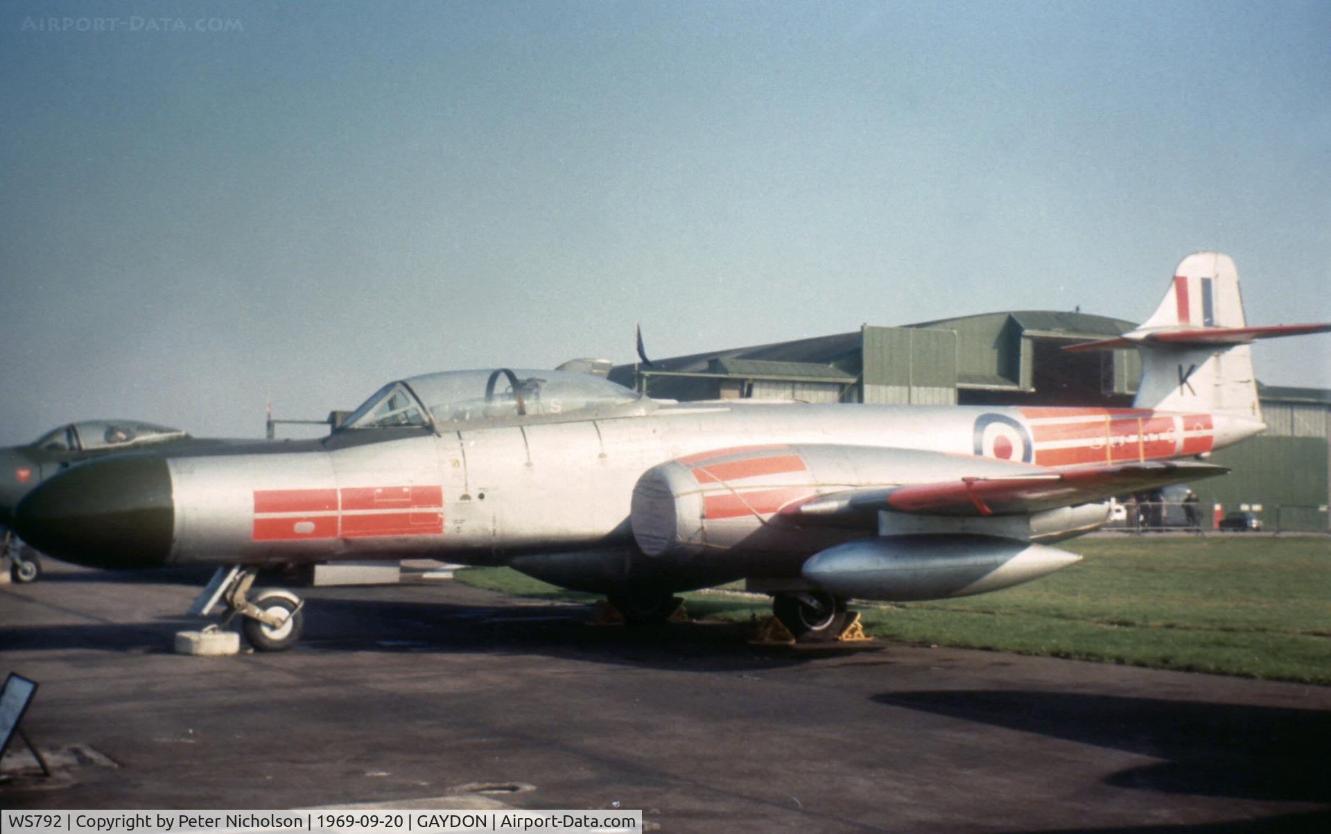 WS792, 1954 Gloster Meteor NF(T).14 C/N Not found WS792, Meteor NF(T)14 of 1 Air Navigation School on display at the 1969 Battle of Britain Airshow at RAF Gaydon.