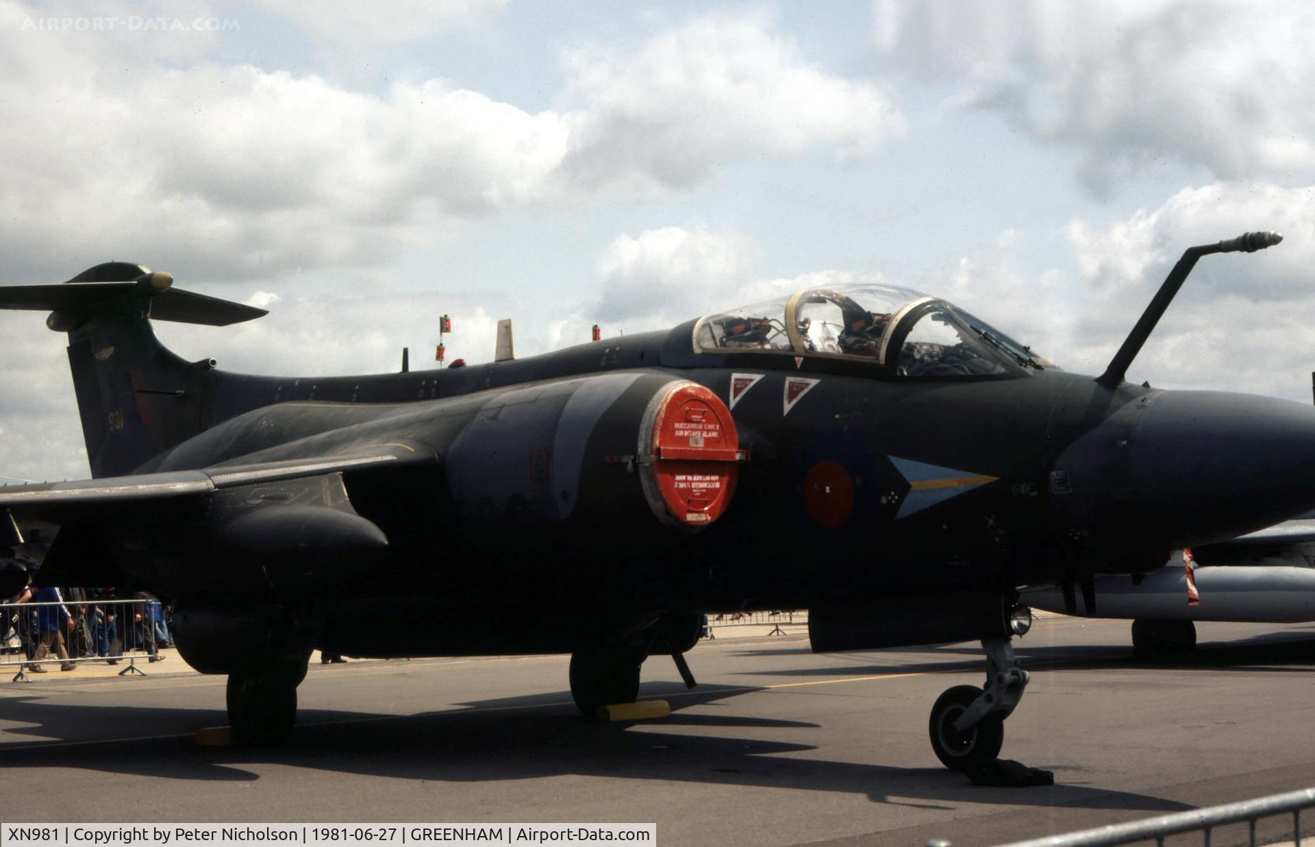 XN981, 1965 Hawker Siddeley Buccaneer S.2B C/N B3-08-63, Buccaneer S.2B of 208 Squadron on display at the 1981 Intnl Air Tattoo at RAF Greenham Common.