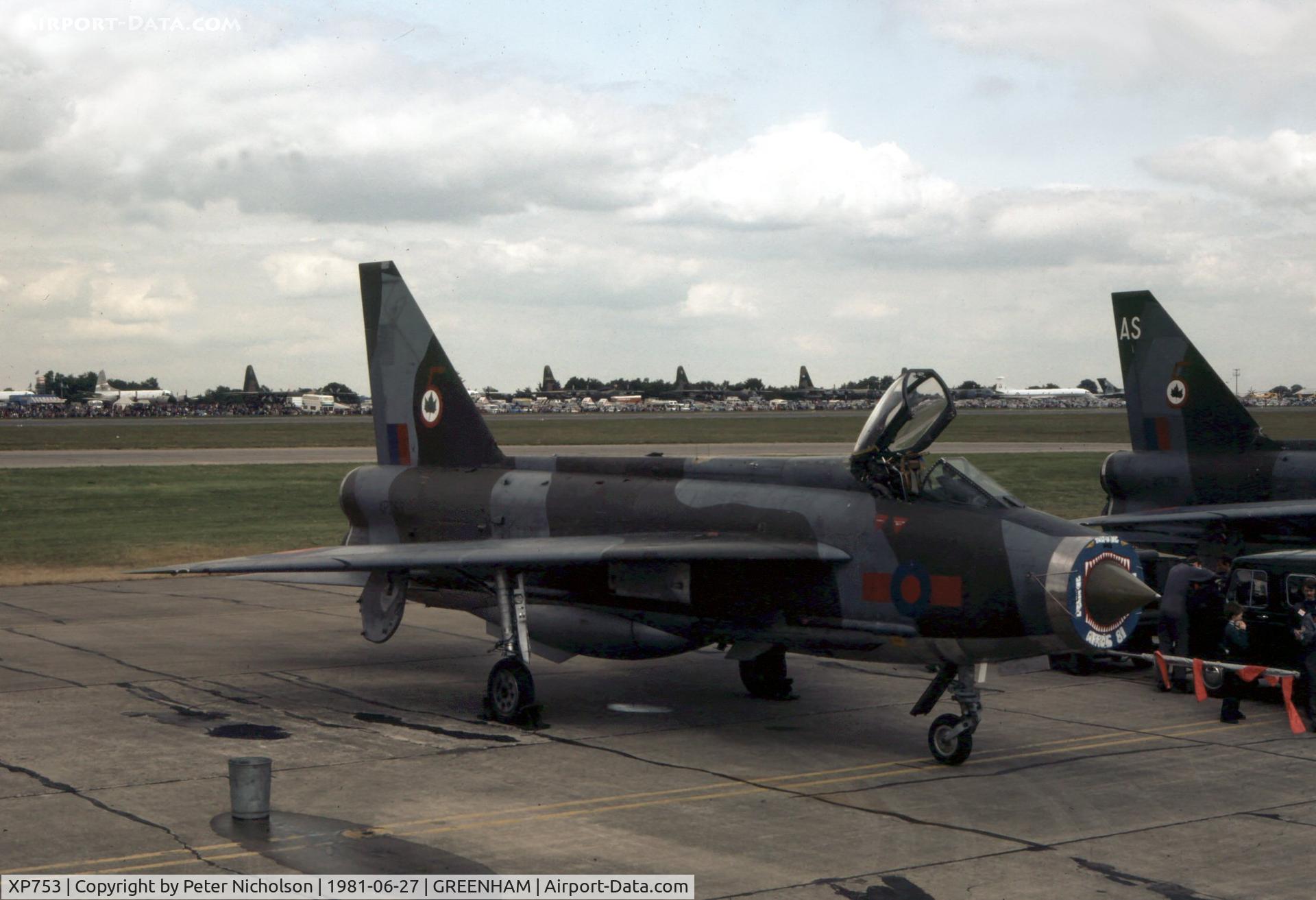 XP753, 1964 English Electric Lightning F.3 C/N 95182, Lightning F.3 of 5 Squadron on display at the 1981 Intnl Air Tattoo at RAF Greenham Common.
