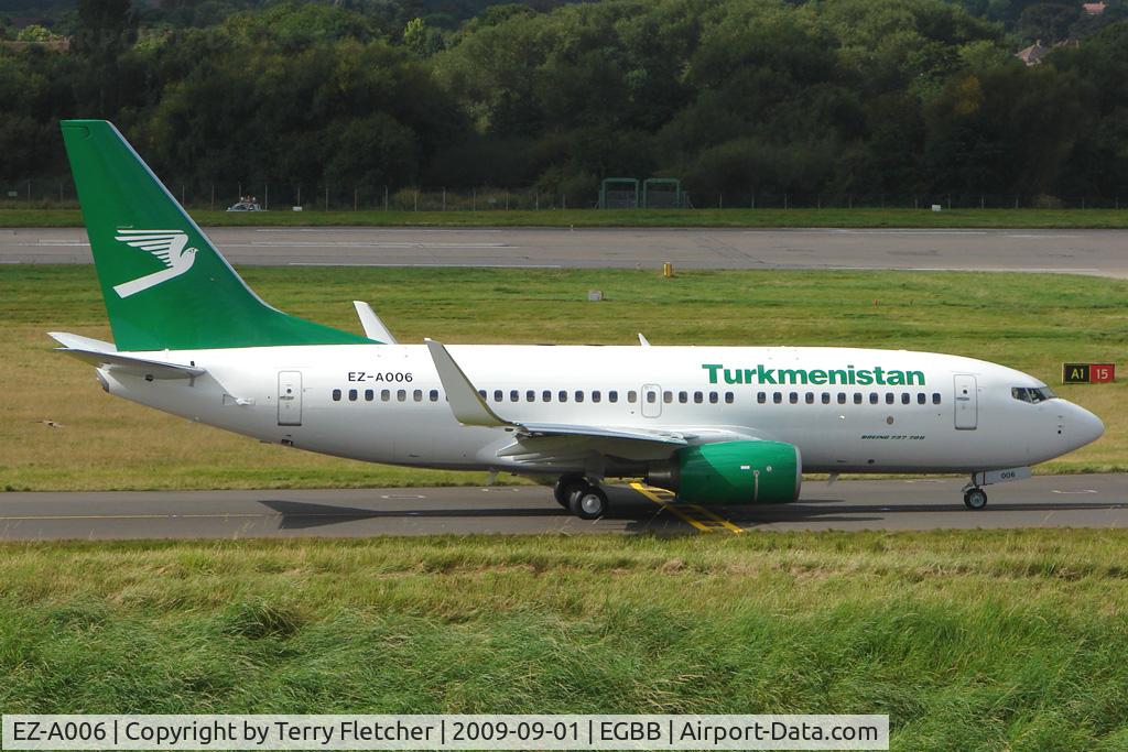 EZ-A006, 2009 Boeing 737-7GL C/N 37236, Turkmenistan Airlines passes thru Birmingham UK having flown Boeing Field - Goose Bay - Birmingham on delivery flight