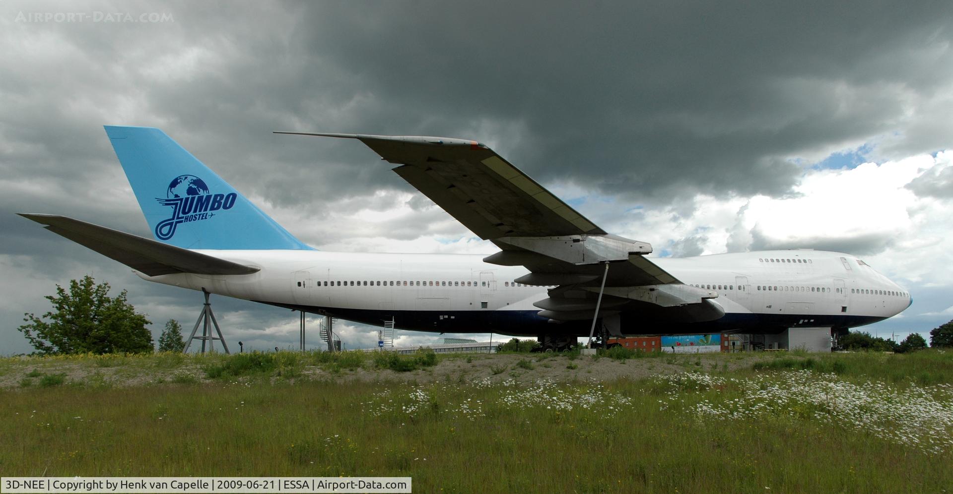 3D-NEE, 1976 Boeing 747-212B C/N 21162, The Jumbo Hostel at Arlanda airport, Stockholm. This used to be 3D-NEE of Northeast Airlines (Oman), but never flew as such due to tecnical problems. Before that is was SE-RBN of Transjet from Sweden.