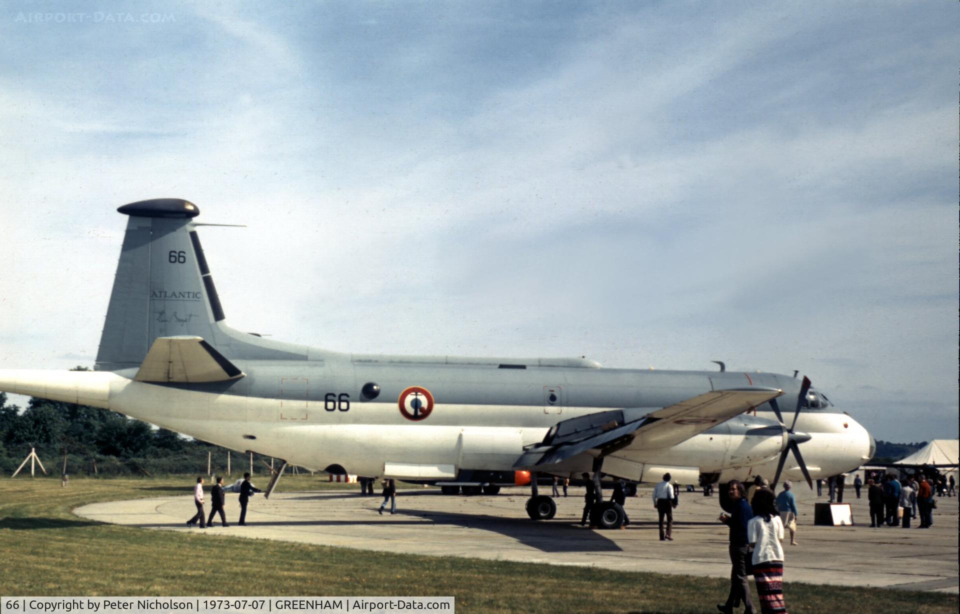 66, Breguet 1150 Atlantic C/N 66, Atlantic of the French Aeronavale's 24 Flotille at the 1973 Intnl Air Tattoo at RAF Greenham Common.