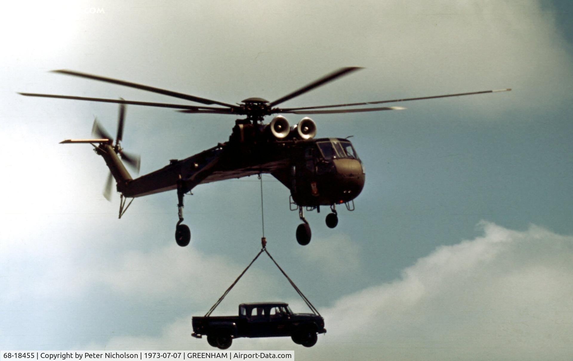 68-18455, 1968 Sikorsky CH-54A Tarhe (S-64E Skytrain) C/N 64057, CH-54A Tarhe - Flying Crane - of 295th Aviation Company at the 1973 Intnl Air Tattoo at RAF Greenham Common.