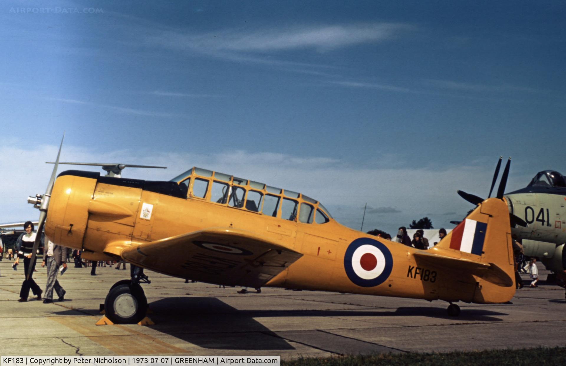 KF183, 1944 Noorduyn AT-16 Harvard IIB C/N 14A-1884, One of Boscombe Down's Harvards on display at the 1973 Intnl Air Tattoo at RAF Greenham Common.