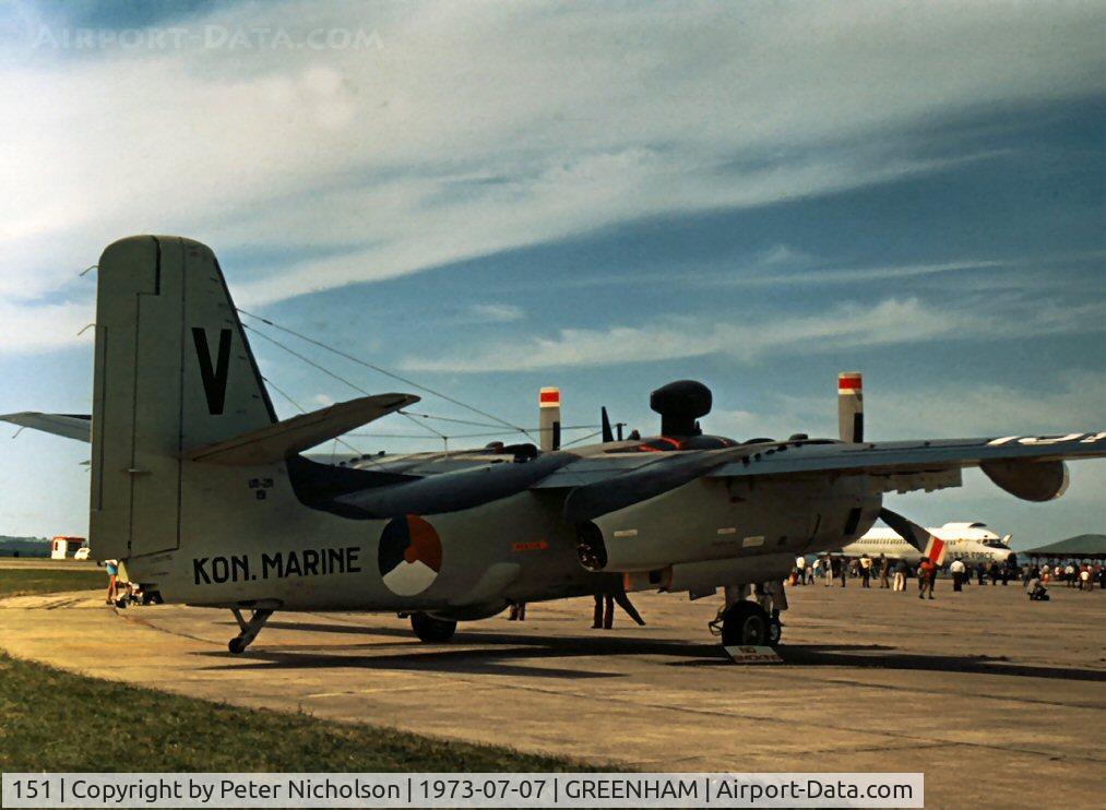 151, Grumman US-2N Tracker C/N 712, Another view of the US-2N of 1 Squadron Royal Netherlands Navy at the 1973 Intnl Air Tattoo at RAF Greenham Common.