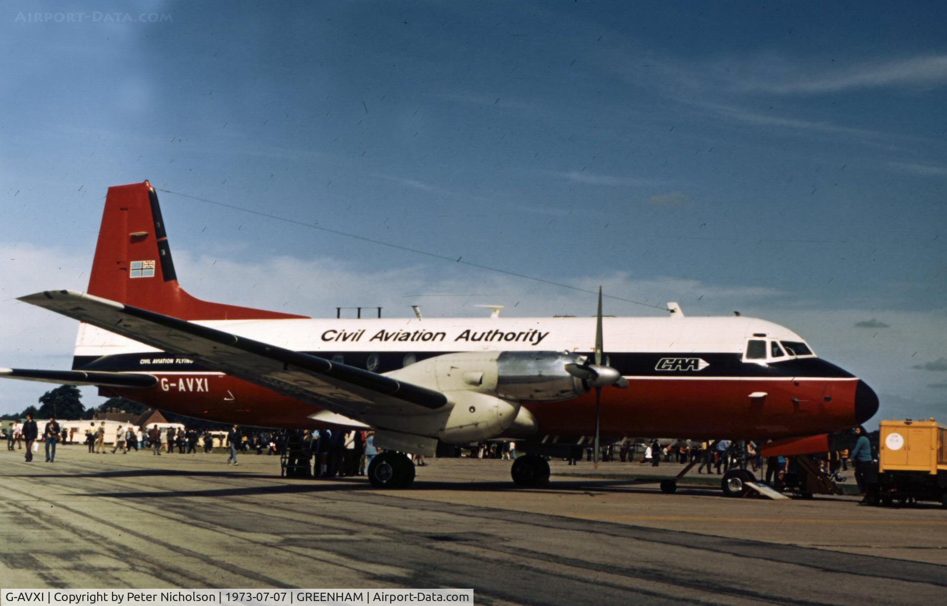 G-AVXI, 1968 Hawker Siddeley HS.748 Series 2A C/N 1623, This HS.748 of the Civil Aviation Authority was present at the 1973 Intnl Air Tattoo at RAF Greenham Common.