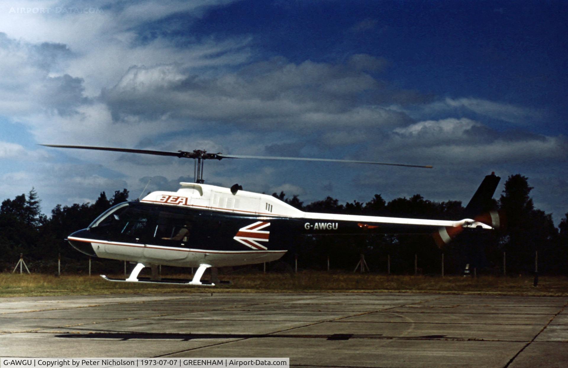 G-AWGU, 1968 Agusta AB-206B JetRanger II C/N 8044, This Agusta Bell 206B JetRanger of British European Airways was present at the 1973 Intnl Air Tattoo at RAF Greenham Common.