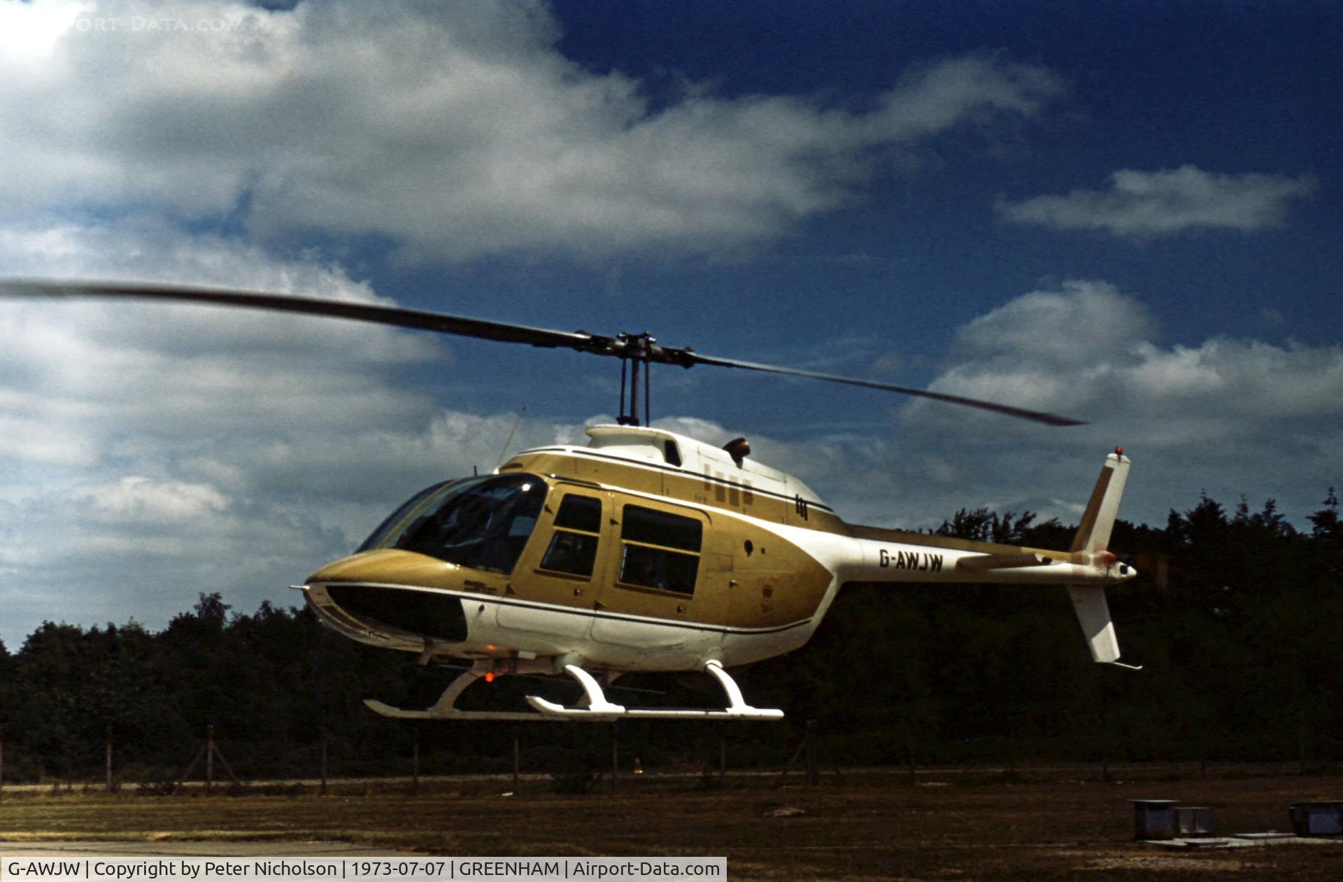 G-AWJW, 1968 Agusta AB-206B JetRanger II C/N 8052, This Agusta Bell 206B JetRanger was present at the 1973 Intnl Air Tattoo at RAF Greenham Common.