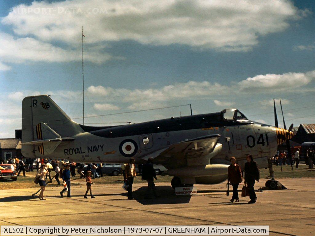 XL502, 1961 Fairey Gannet AEW.3 C/N F9461, Gannet AEW.3 of 849 Squadron was in the static park of the 1973 Intnl Air Tattoo at RAF Greenham Common.