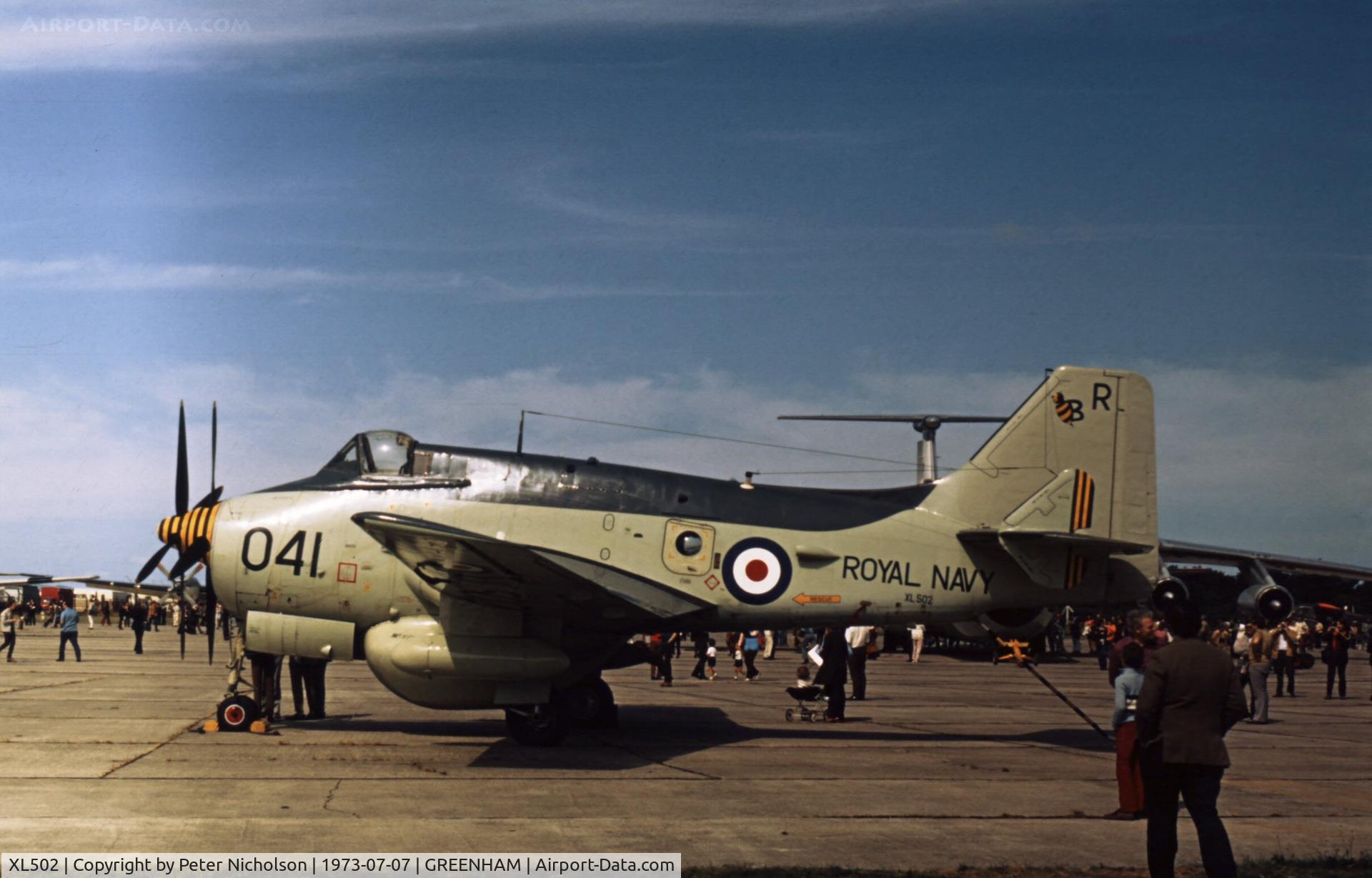 XL502, 1961 Fairey Gannet AEW.3 C/N F9461, Another view of the 849 Squadron Gannet in the static park of the 1973 Intnl Air Tattoo at RAF Greenham Common.