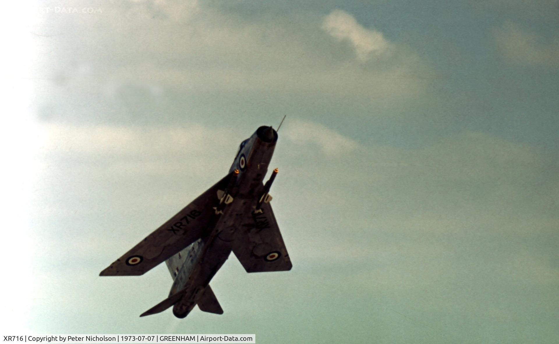 XR716, 1964 English Electric Lightning F.3 C/N 95199, Lightning F.3 of 226 Operational Conversion Unit demonstrating a rapid climb-out at the 1973 Intnl Air Tattoo at RAF Greenham Common.