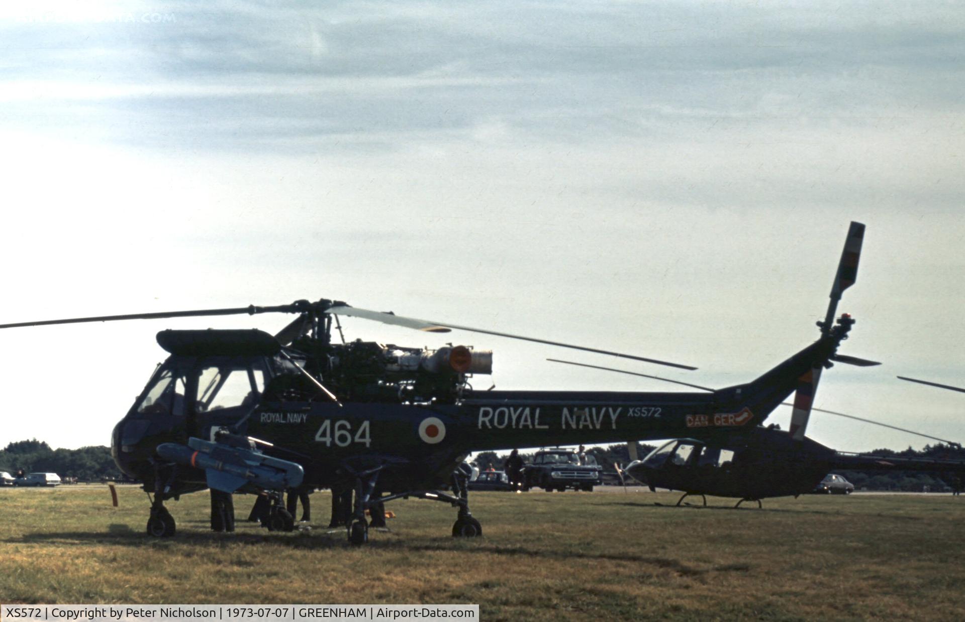 XS572, 1964 Westland Wasp HAS.1 C/N F9583, Wasp HAS.1 of 829 Squadron at the 1973 Intnl Air Tattoo at RAF Greenham Common.