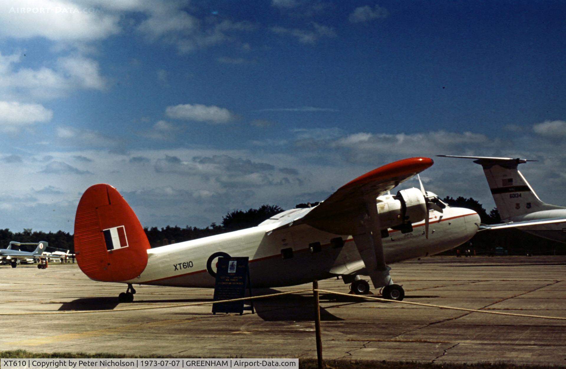 XT610, 1959 Scottish Aviation Twin Pioneer CC.2 C/N 561, Twin Pioneer of Boscombe Down's Empire Test Pilots School at the 1973 Intnl Air Tattoo at RAF Greenham Common.