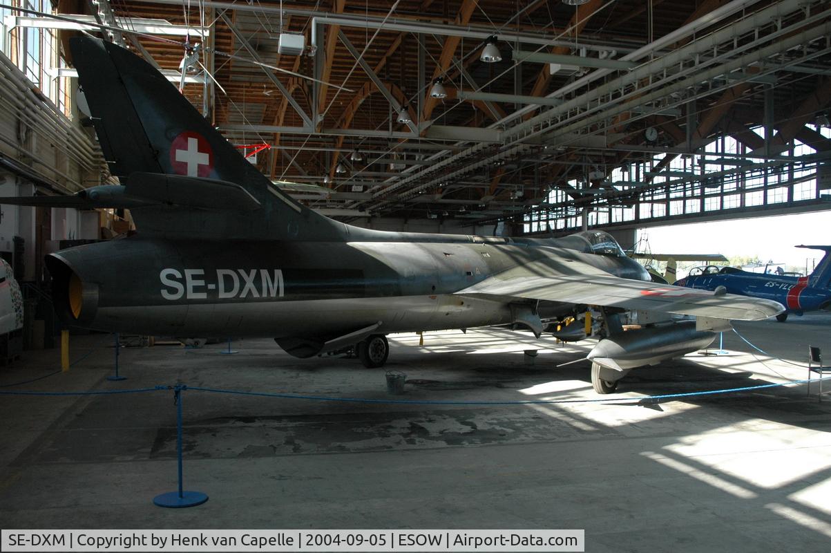 SE-DXM, 1959 Hawker Hunter F.58 C/N 41H/697449, Hunter in the Aircraft Museum at Västerås airport, Sweden. Terrible light.