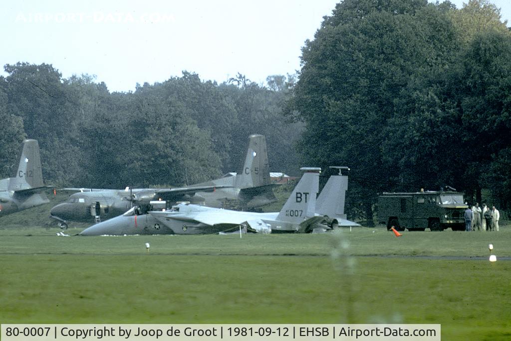 80-0007, 1980 McDonnell Douglas F-15C Eagle C/N 0642/C156, During an upcoming thunderstorm this Eagle hit turbulence during landing and smashed to the ground. The pilot escaped unharmed but the brand new aircraft was a write off.